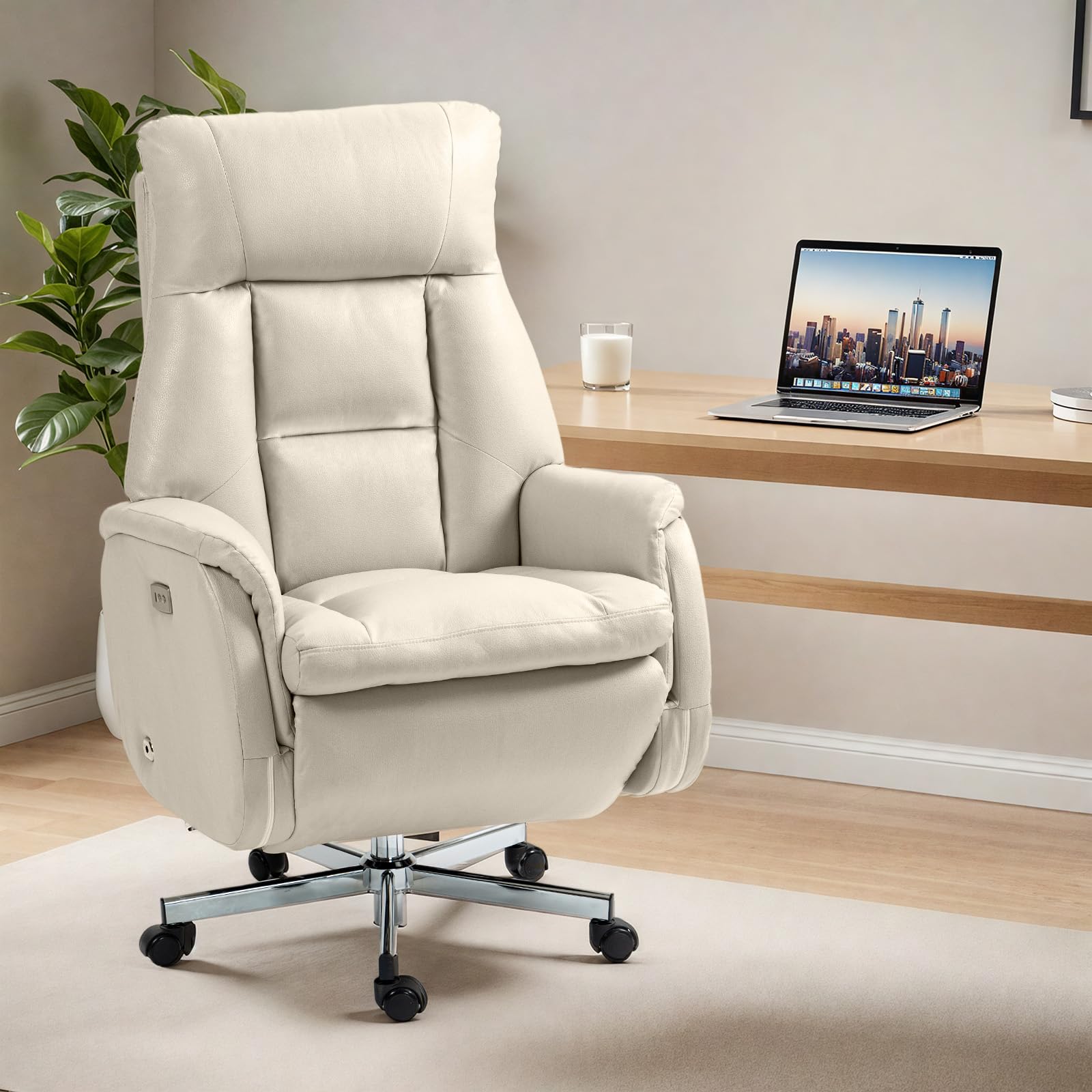Electric Office Chair with USB Charging, Recliner Executive Office Chair with Footrest, Big and Tall High-Back Desk Chair, 400LBS Weight Capacity, Microfiber, Beige