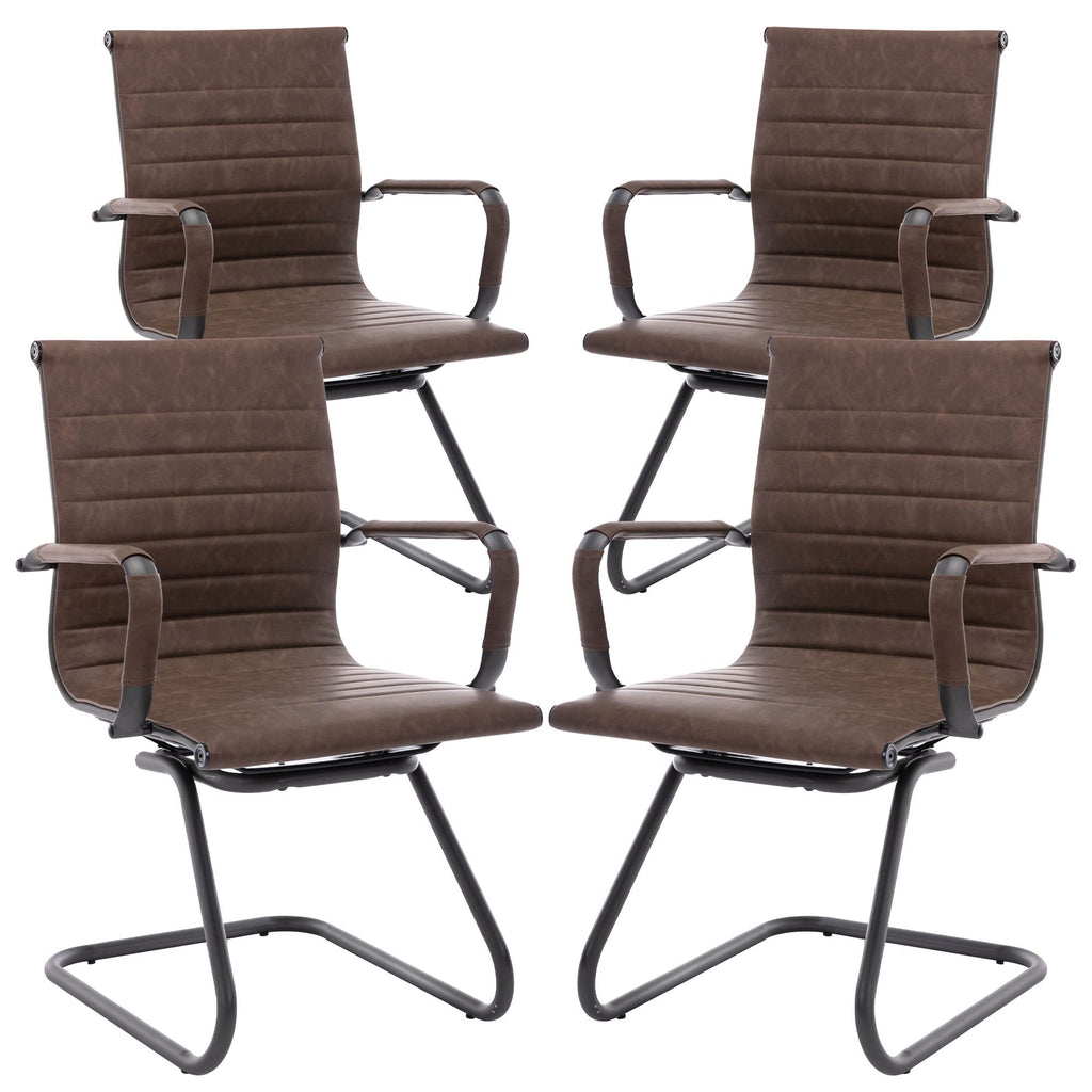 Office Desk Chair No Wheels Set of 4 PU Leather Computer Chairs Mid Back Guest Chairs for School Reception Conference Waiting Room, Vintage Brown