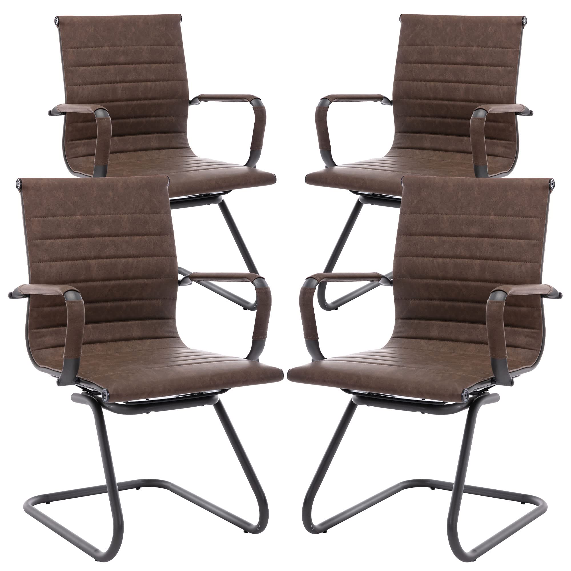 Office Desk Chair No Wheels Set of 4 PU Leather Computer Chairs Mid Back Guest Chairs for School Reception Conference Waiting Room, Vintage Brown