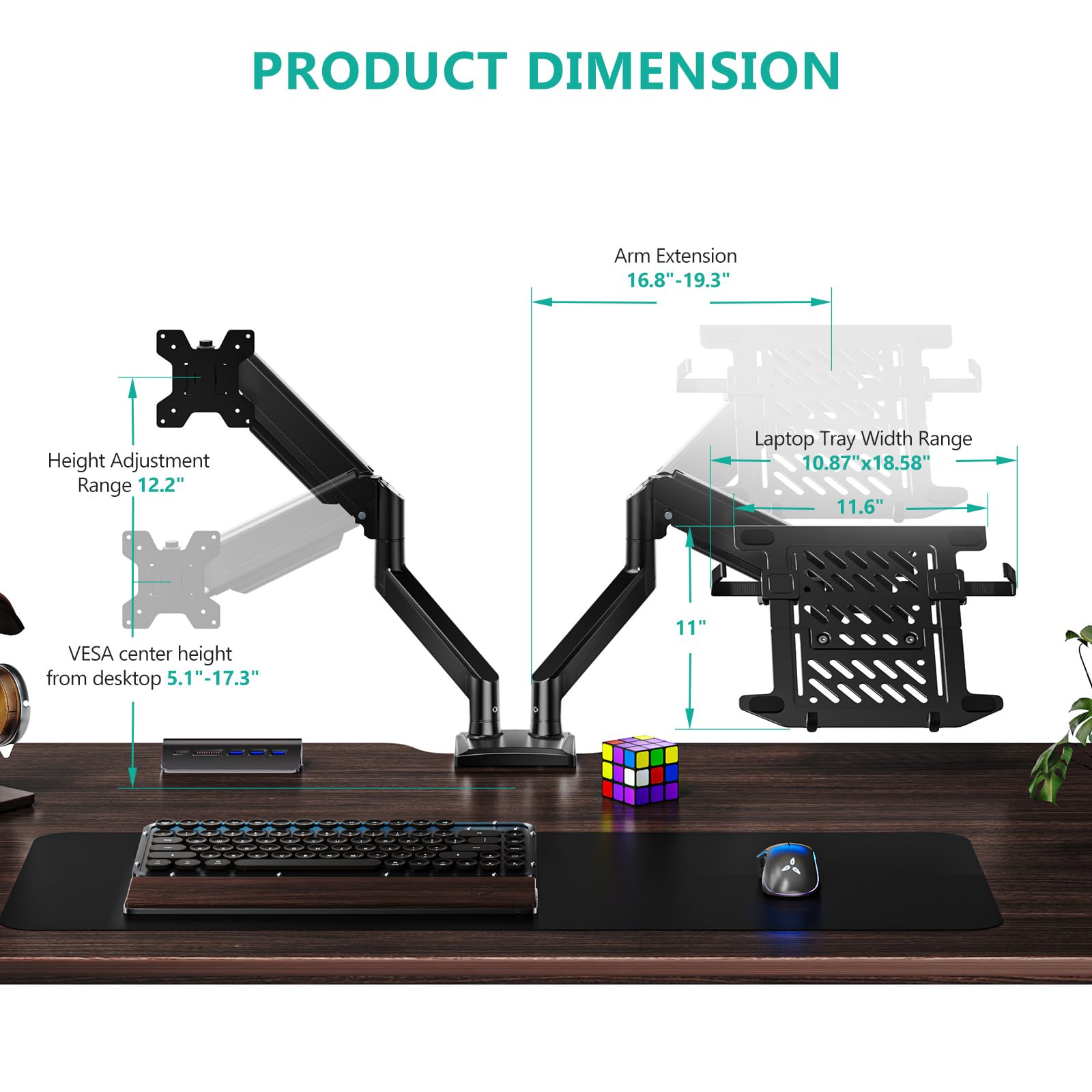 Laptop Desk Mount, Dual Monitor Arm with Laptop Holder, Adjustable Height Laptop Arm Mount for Desk, Fits 17” Notebook and 32” Monitors, Up to 22Lbs, Black