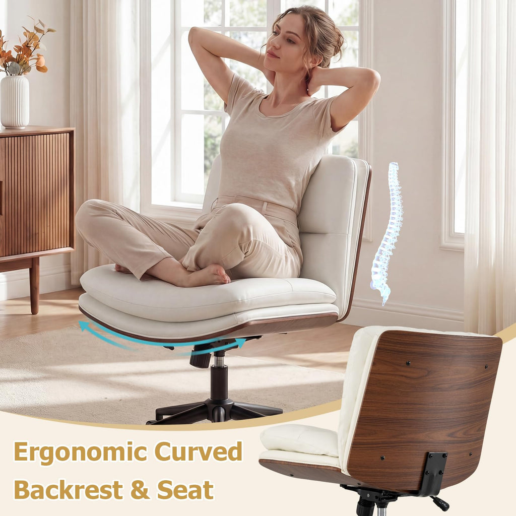 Armless Office Chair with Wheels, PU Leather Height Adjustable Vanity Chair w/Curved Backrest, Mid-Back Criss Cross 360° Swivel Ergonomic Computer Desk Chair for Home Office & Bedroom (White)