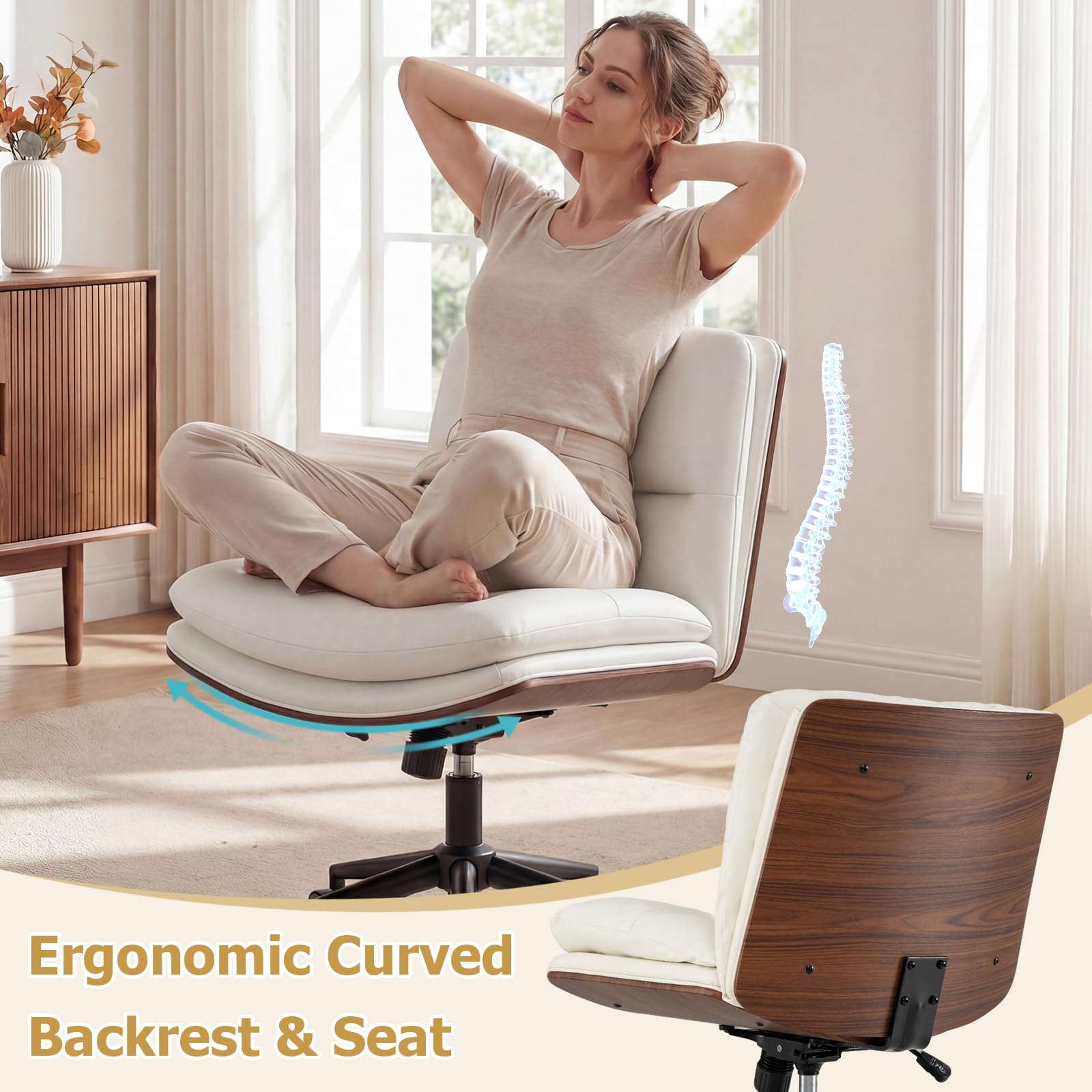 Armless Office Chair with Wheels, PU Leather Height Adjustable Vanity Chair w/Curved Backrest, Mid-Back Criss Cross 360° Swivel Ergonomic Computer Desk Chair for Home Office & Bedroom (White)