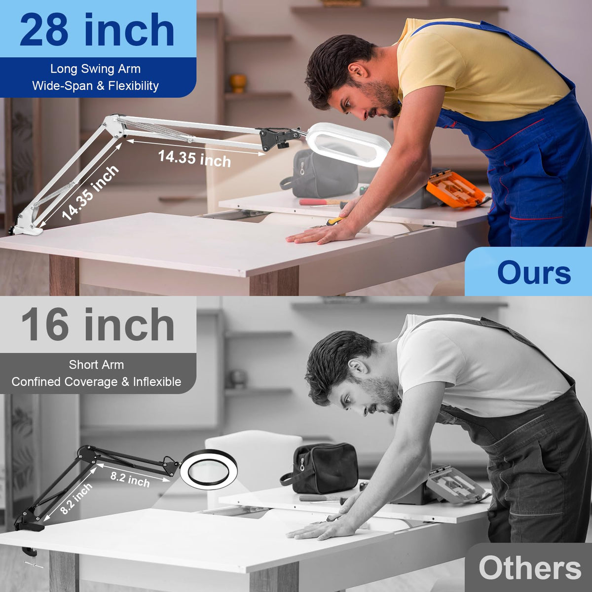 14.35" Large Magnifying Glass with Light and Clamp, Real Glass, 5 Color Modes, Stepless Dimmable, Lighted Magnifier with Stand Hands Free, LED Swing Arm Desk Lamp for Close Work, Craft, White