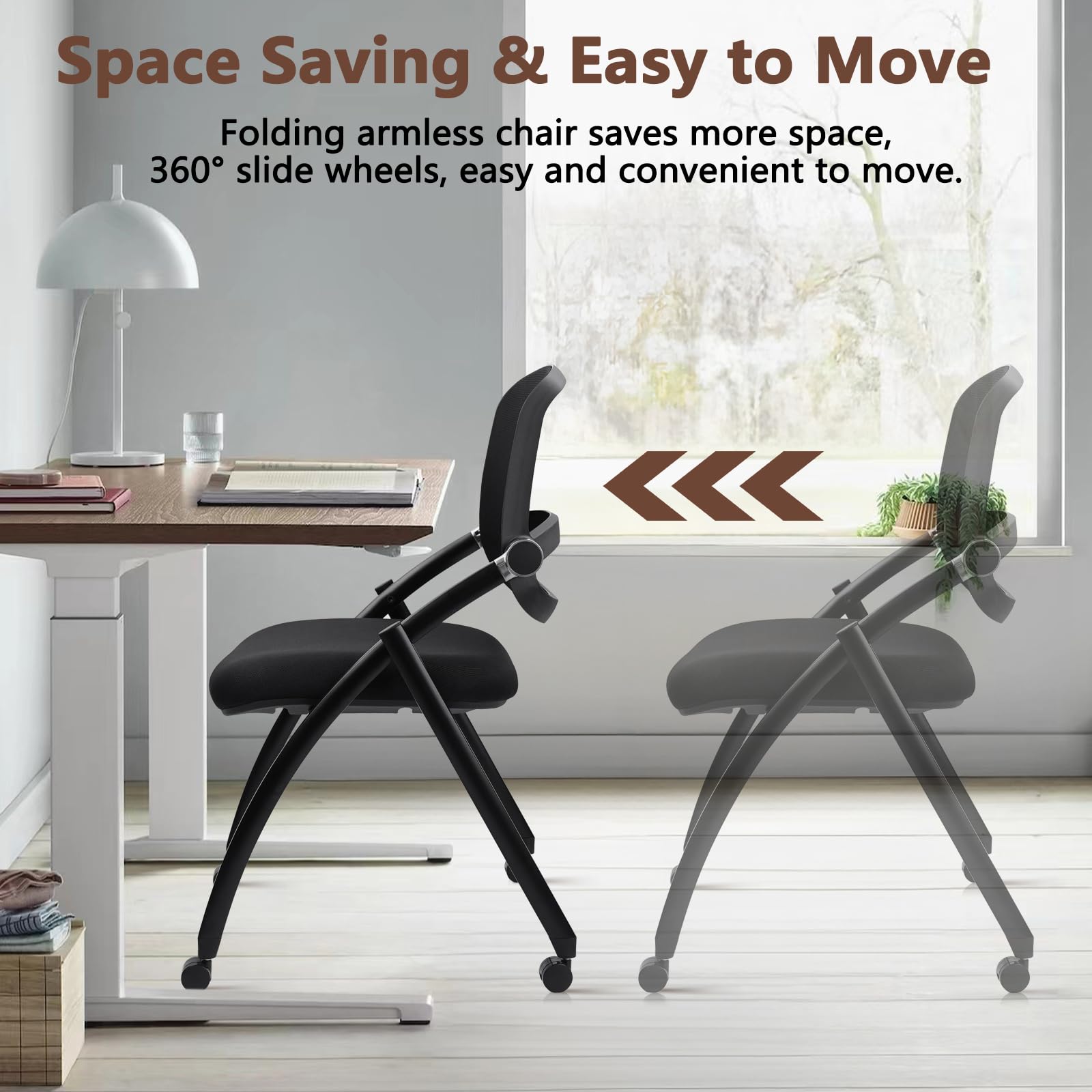 (2pk) Stackable & Foldable Chairs with Wheels, Reception Guest Chairs with Lumbar Support, Ergonomic Curved Mesh Back Folding Chair for Office Schools Conference Waiting Room, Black