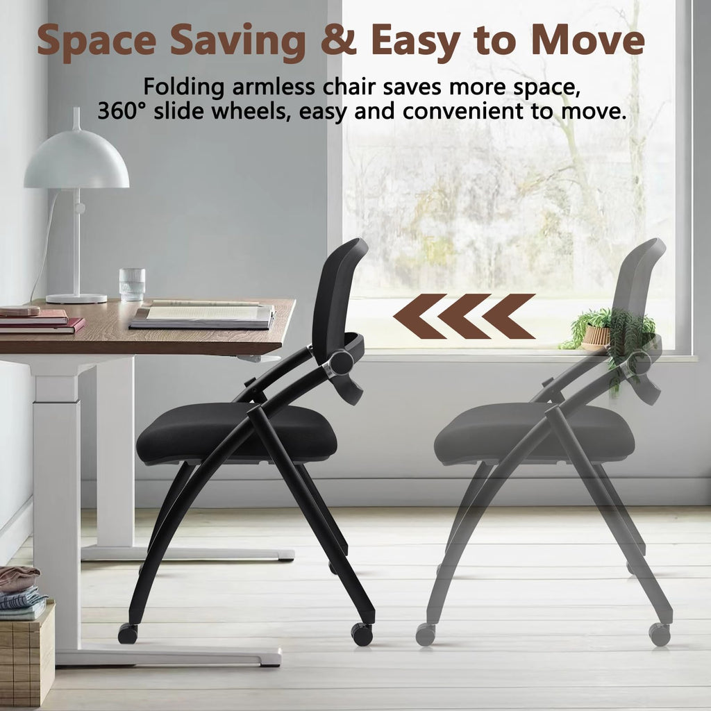 8 Pack, Stackable & Foldable Chairs with Wheels, Reception Guest Chairs with Lumbar Support, Ergonomic Curved Mesh Back Folding Chair for Office Schools Conference Waiting Room, Black