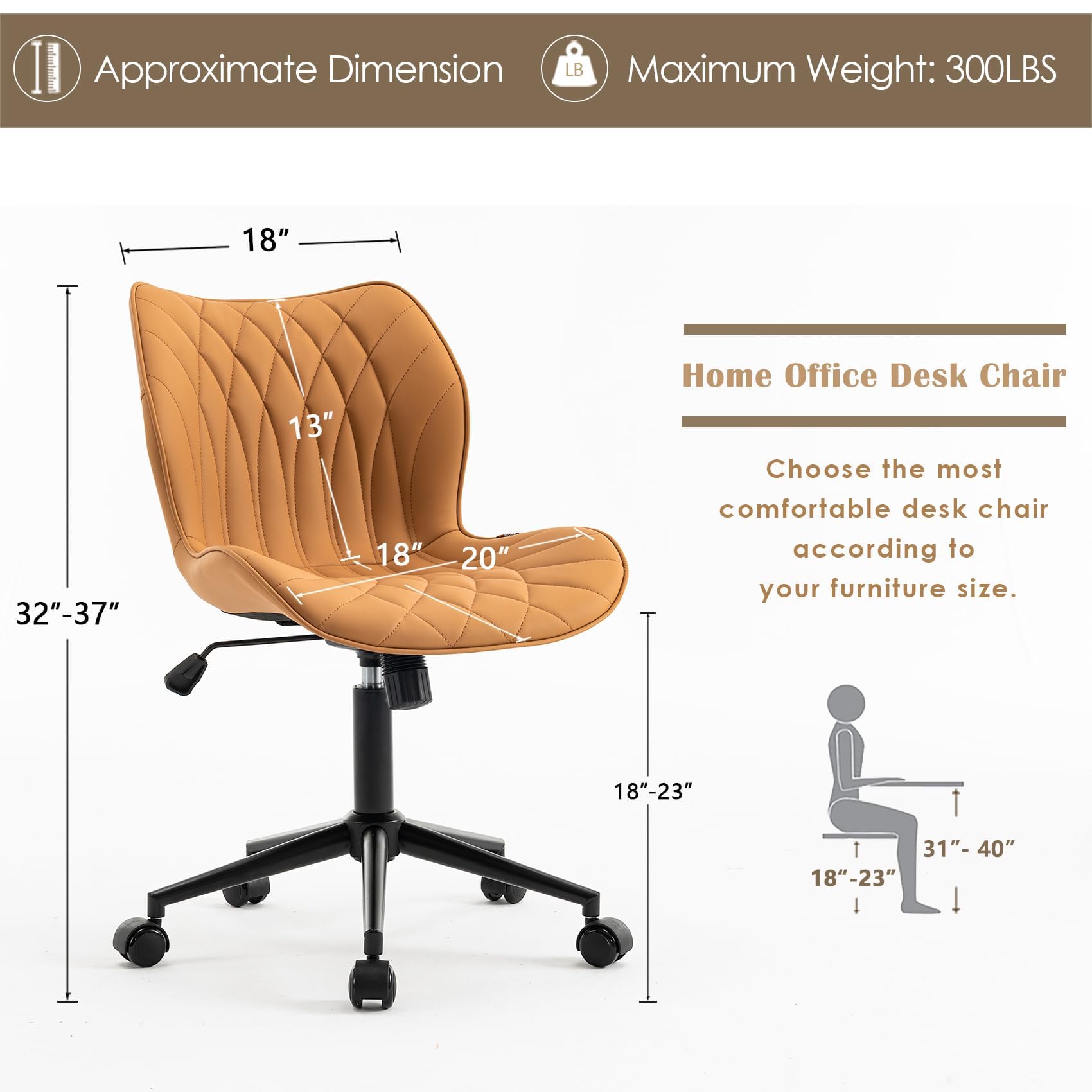 Armless Desk Chair Comfy Office Chair with Wheels Home Ergonomic Task Chair Adjustable Computer Chairs Modern Faux Leather Swivel Chair Upholstered Makeup Vanity Chair with Back(Camel)