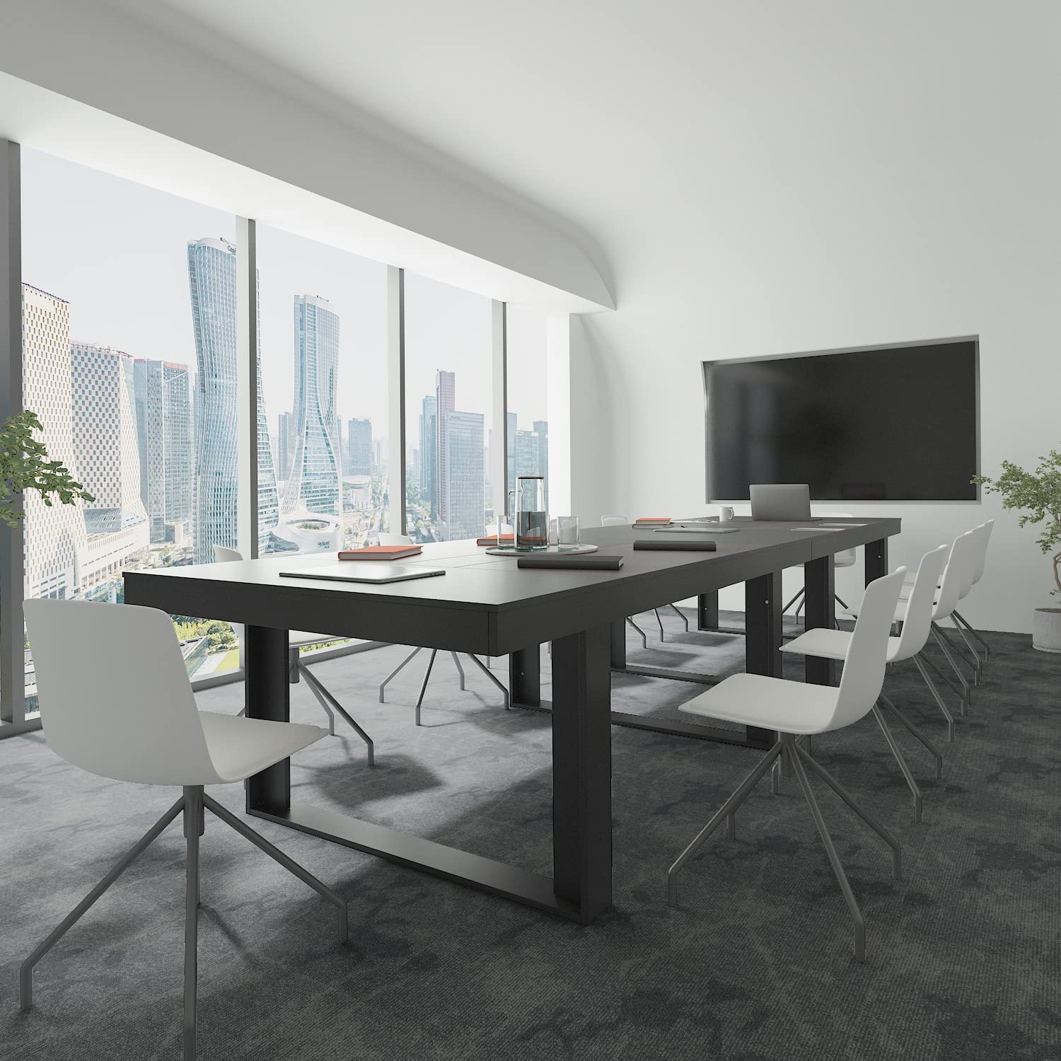 7FT Conference Table for 6-8 People, Large Rectangular Meeting Table, Modern Seminar Table for Office Meeting Conference Room, Black and Deep Brown (86.8”L x 47.2”W x 29.4”H)