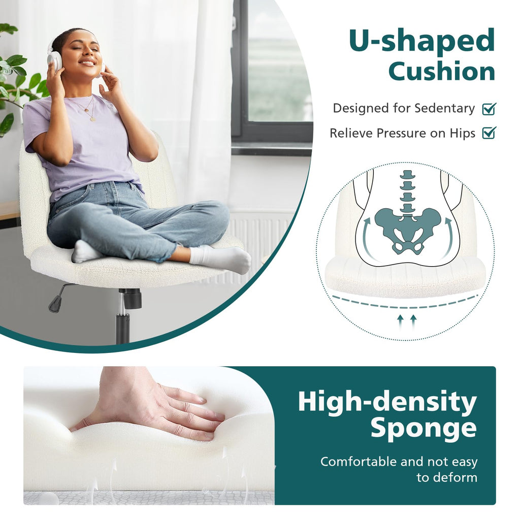 Criss Cross Chairs Legged Armless No Wheels Wide Seat Height Adjustable Swivel Rolling Padded Furry Cute Home Office Desk Seating for Bedroom, Student, Study Room