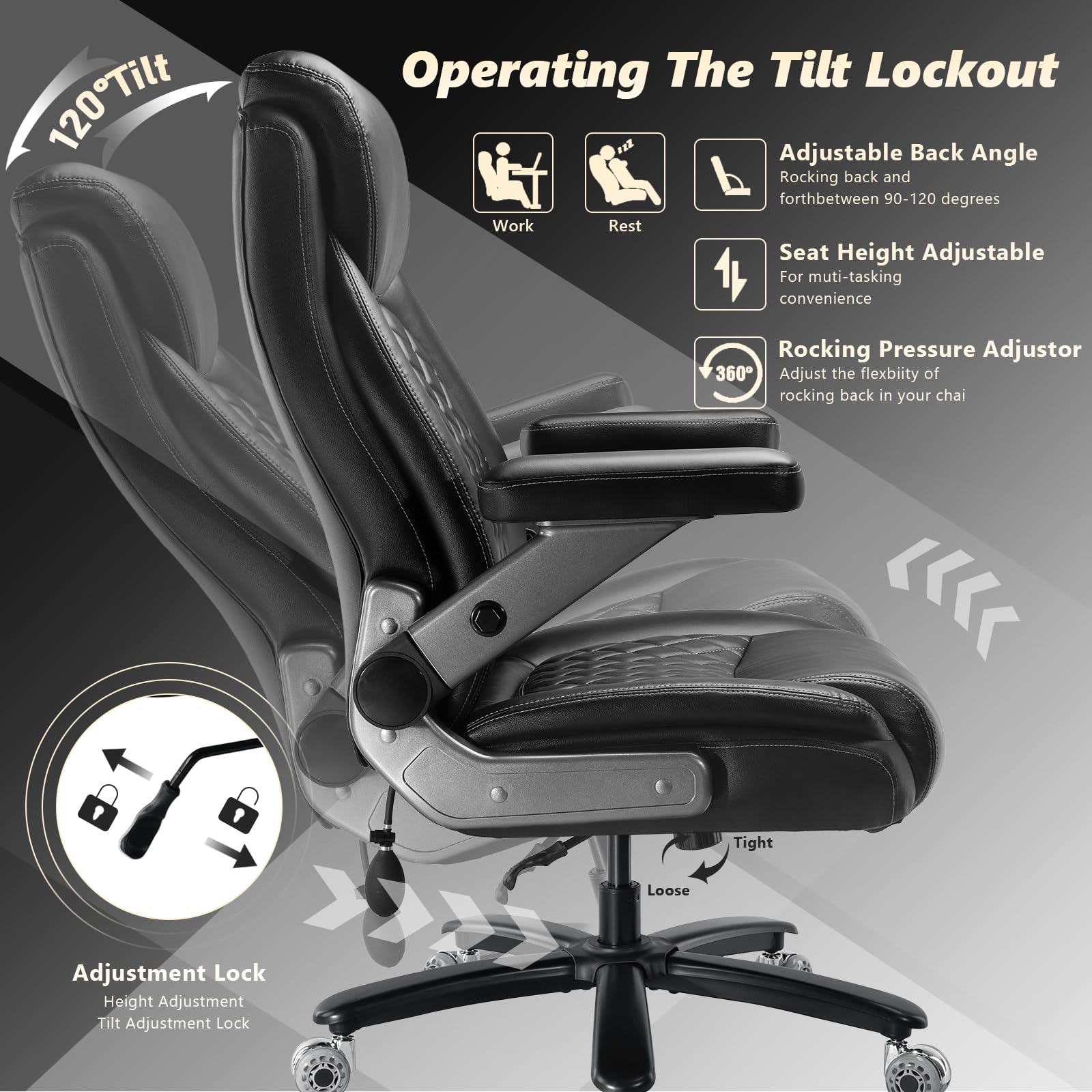 600LBS Large Heavy Duty Office Chair with 5D Flip Arms,Comfy Big and Tall Executive Office Desk Chair with Pocket Spring Cushion,High Back Computer Chair with Lumbar Support,Dual Rubber Wheel