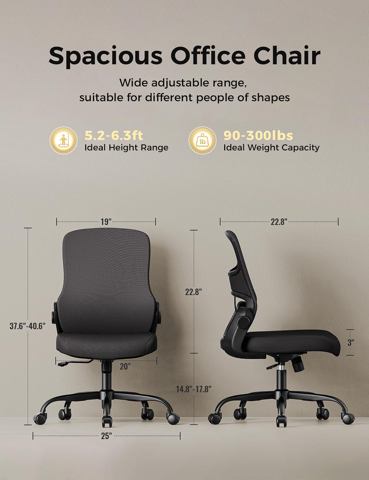 Office Chair, Mesh Ergonomic Desk Chairs, Lumbar Support, Adjustable Height, Armless, Swivel Function and Smooth-Rolling Wheels for Home, Office and Gaming (Black)