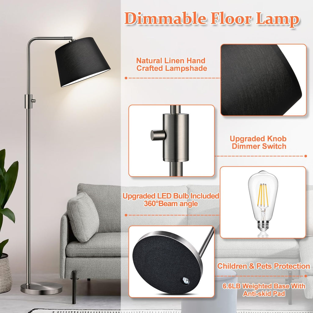 Floor Lamp, 1000 Lumens LED Edison Bulb Included, Brushed Nickel Arc Floor Lamps Modern Standing Lamp with Black Shade, Tall Lamps for Living Room Bedroom office