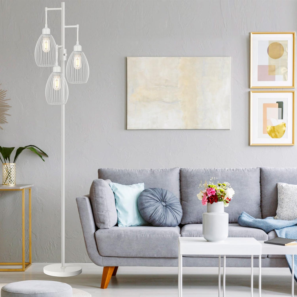 Floor Lamp, 3 x 800LM LED Edison Bulbs Included, Farmhouse Industrial Floor Lamp Standing Lamp with Elegant Teardrop Cage Head Tall Lamp for Living Room Bedroom Office Dining Room - White