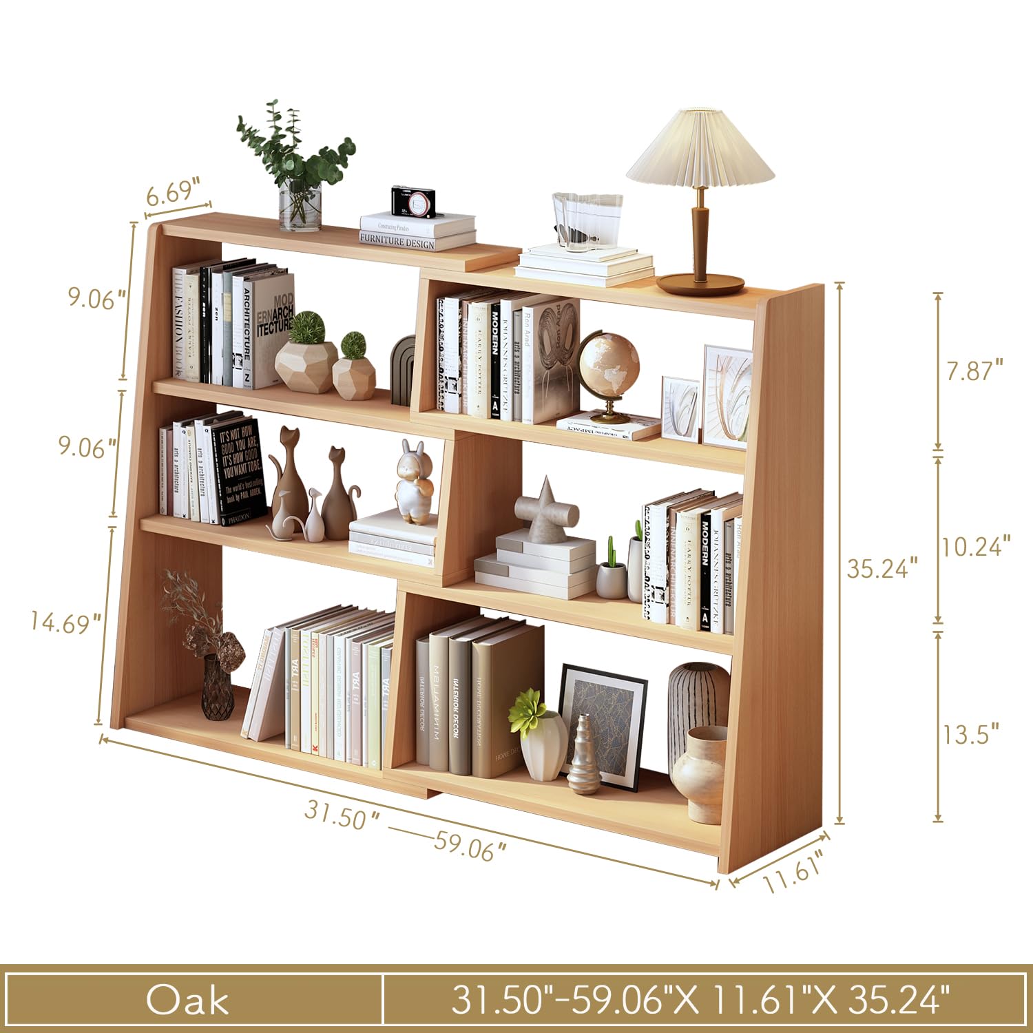 Wooden Extendable Shelf Bookcase, 3-Tier Low Bookshelf, Oak, L
