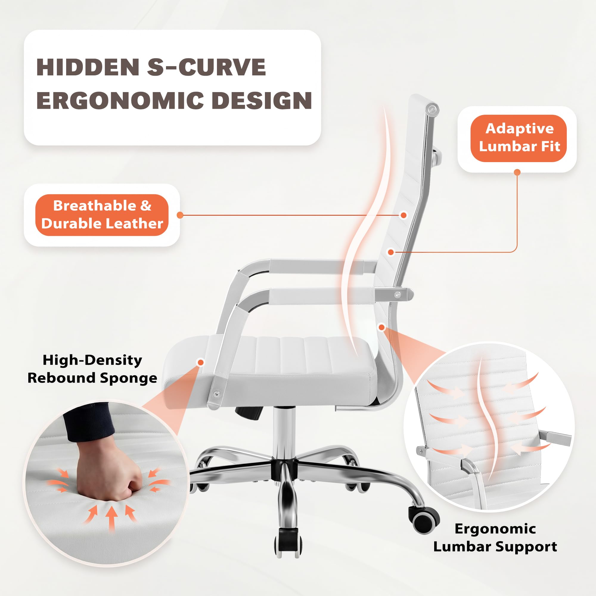 Ergonomic Office Desk Chair, Executive Ribbed Mid-Back PU Leather Conference Room Chair Adjustable Swivel Chair with Arms (4, White)
