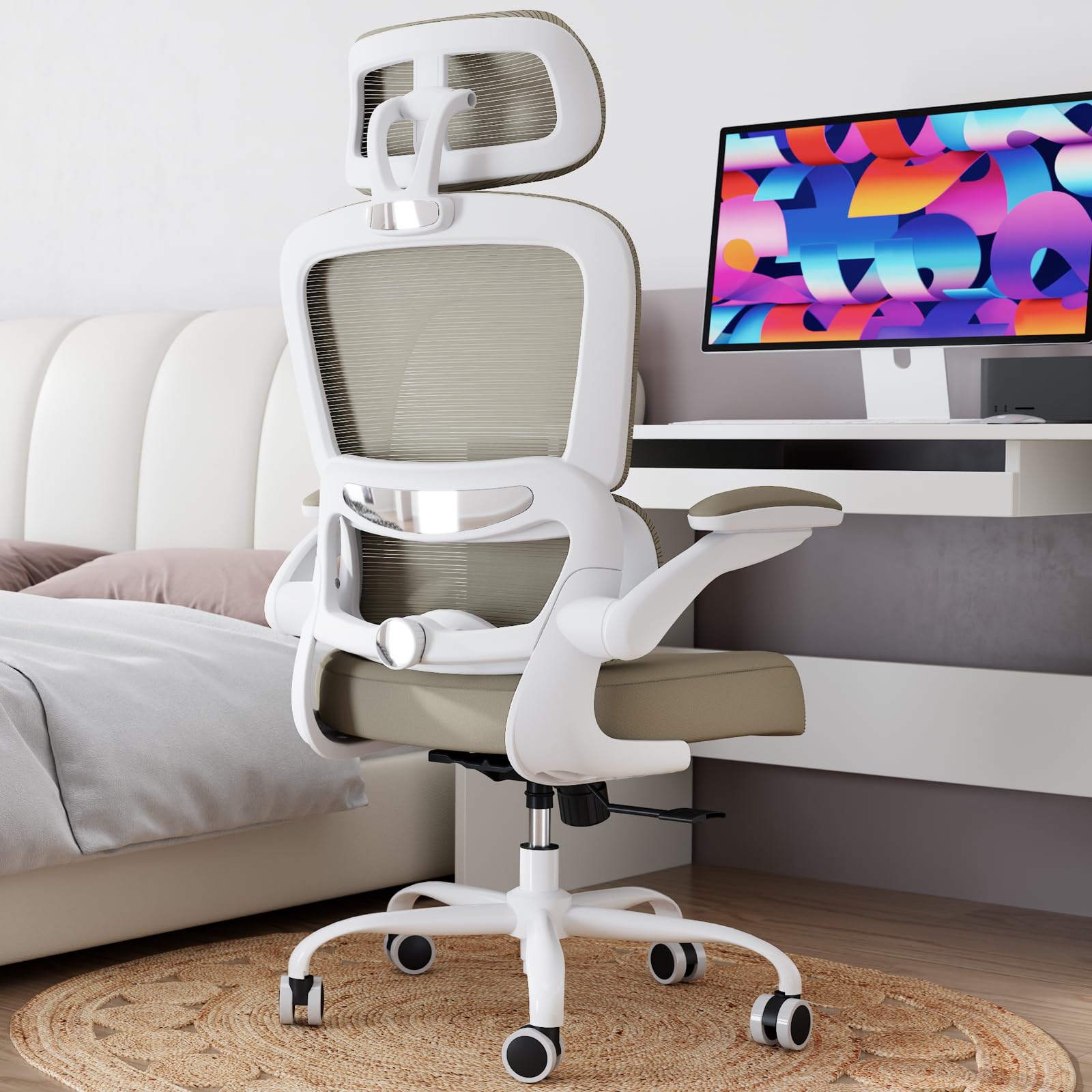 Office Chair Ergonomic Desk Chair, 330 LBS Home Mesh Office Desk Chairs with Wheels, Comfortable Gaming Chairs (Khaki)