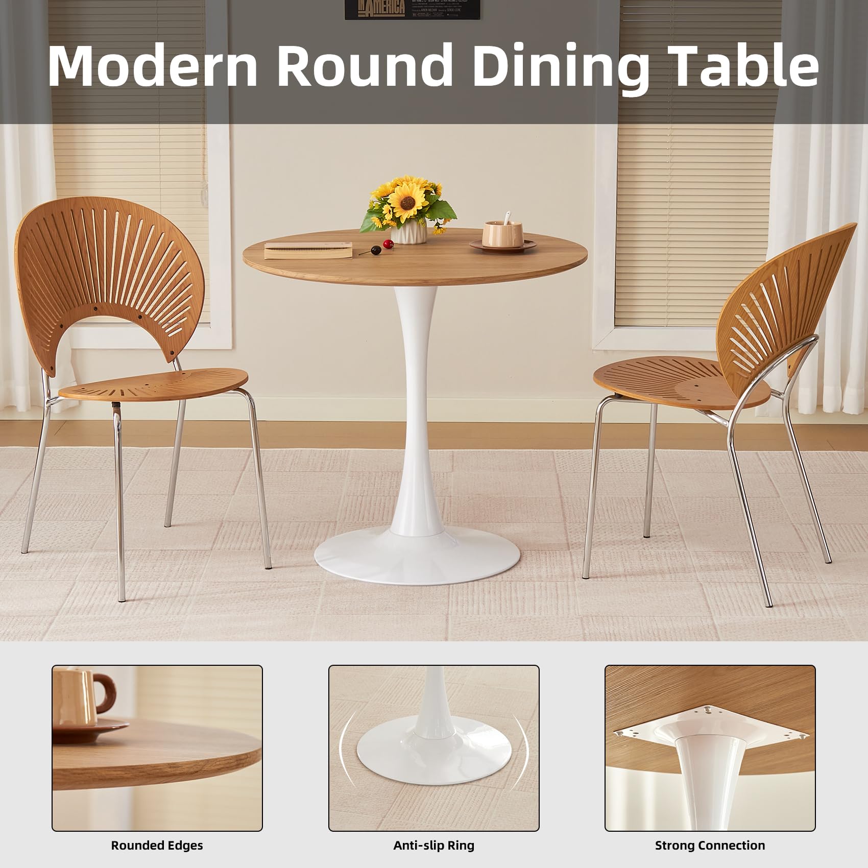 Hansweld Round Dining Table, 31.5" Circle Tulip Table with Thickened Tabletop & Metal Pedestal, Mid Century Modern Bistro Table for Kitchen, Small Places, Living Room, Cafe (Faux Oak)