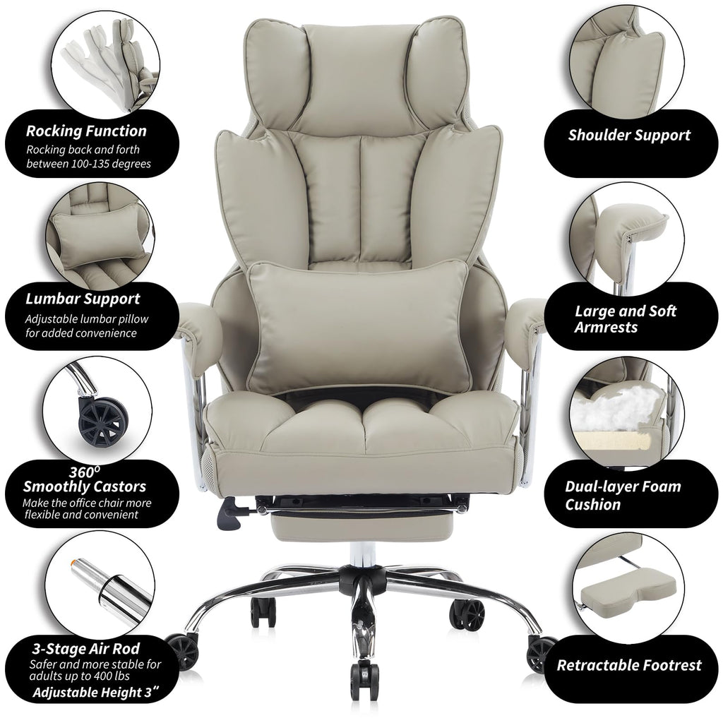 Big and Tall Office Chair 400lbs – High Back Executive Chair with Swivel Base, PU Leather Upholstery, Lumbar Pillow, Padded Armrests, and Rolling Wheels，Grey Computer Chair