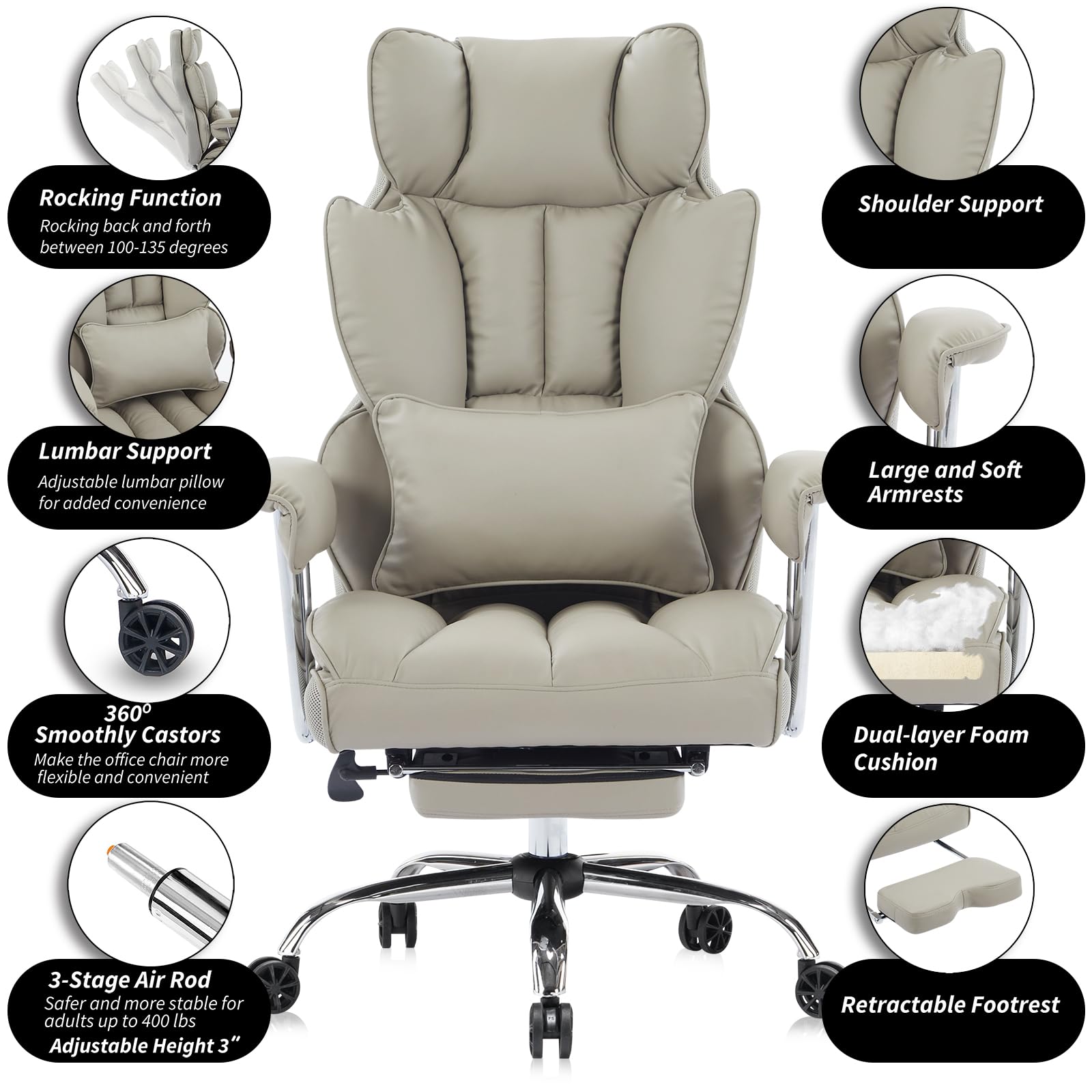 Big and Tall Office Chair 400lbs – High Back Executive Chair with Swivel Base, PU Leather Upholstery, Lumbar Pillow, Padded Armrests, and Rolling Wheels，Grey Computer Chair