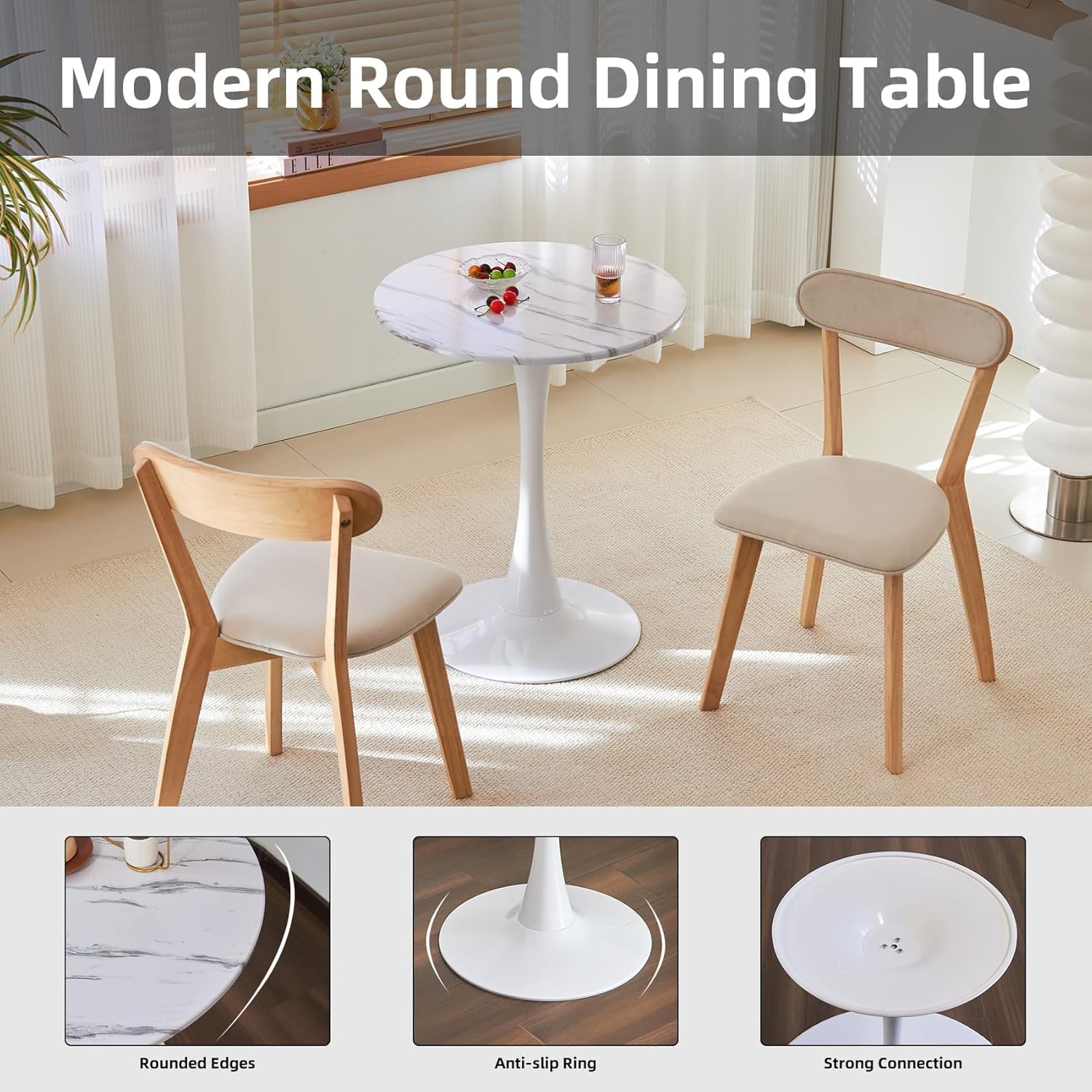 Hansweld Round Dining Table, 24" Circle Tulip Table with Thickened Tabletop & Metal Pedestal, Mid Century Modern Bistro Table for Kitchen, Small Places, Living Room, Cafe (Marble White)