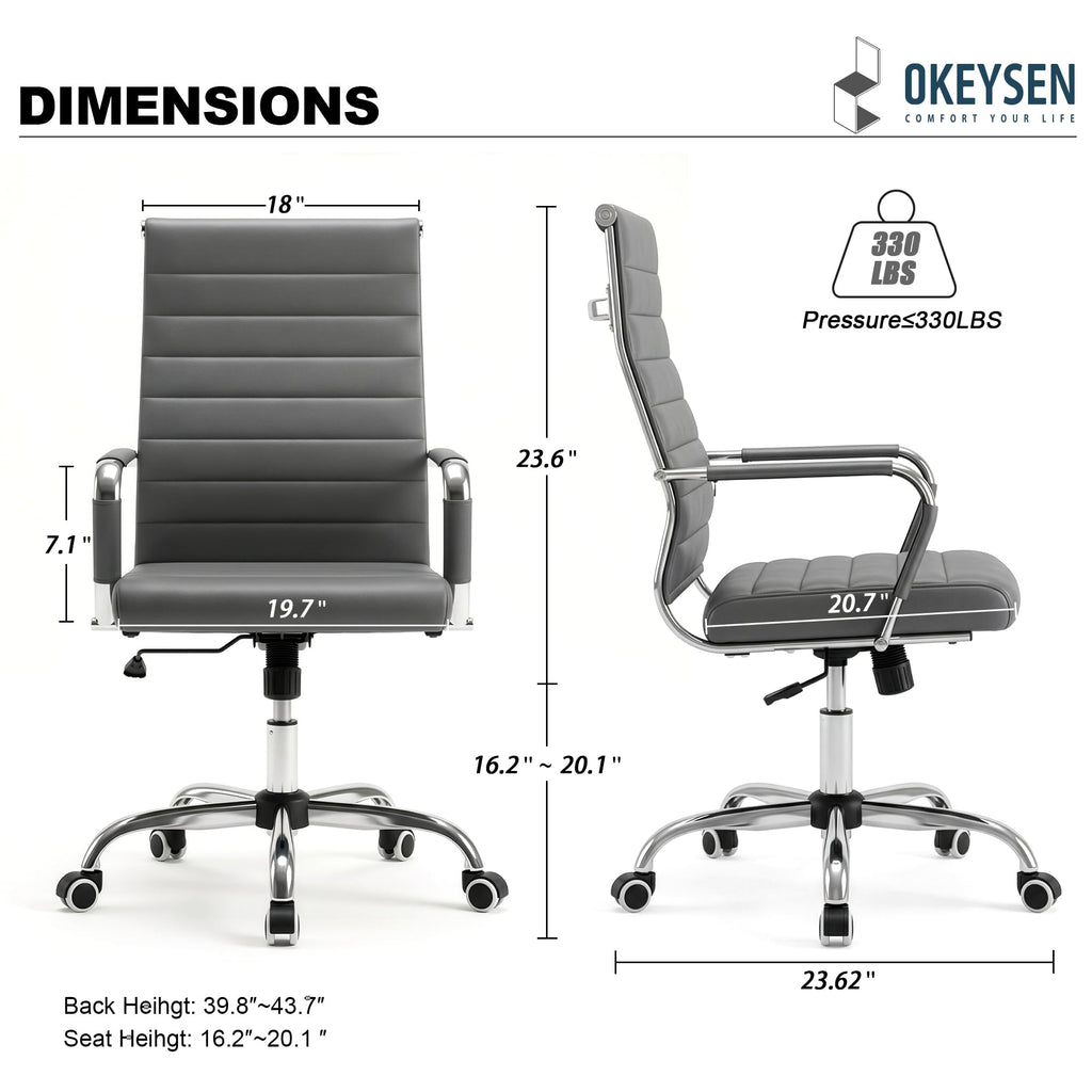 Grey Office Desk Chair, Ergonomic Leather Modern Conference Room Chairs, Executive Ribbed Adjustable Swivel Rolling Chair for Home Office.