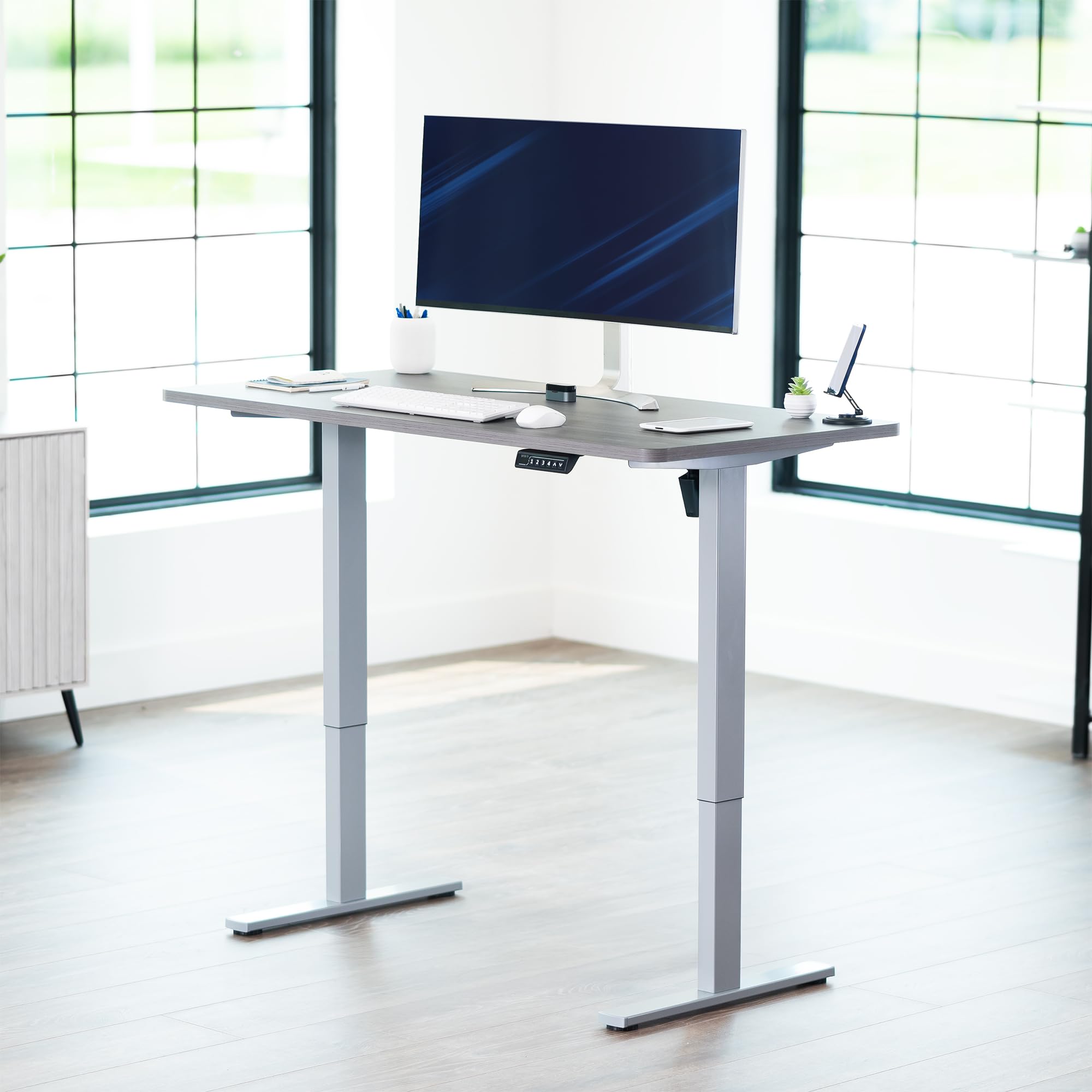 Electric 55 x 28 in Standing Desk, Memory Height Adjustment, 1B Series, Holds 220 lbs, One-Piece Dark Gray Top, Gray Frame