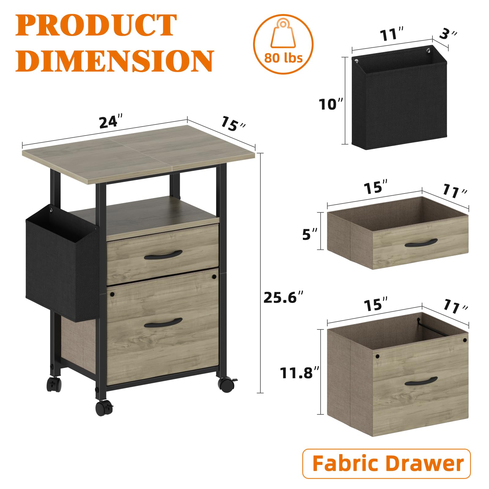 2 Drawer File Cabinet 24''W, Mobile Filing Cabinet, Printer Stand