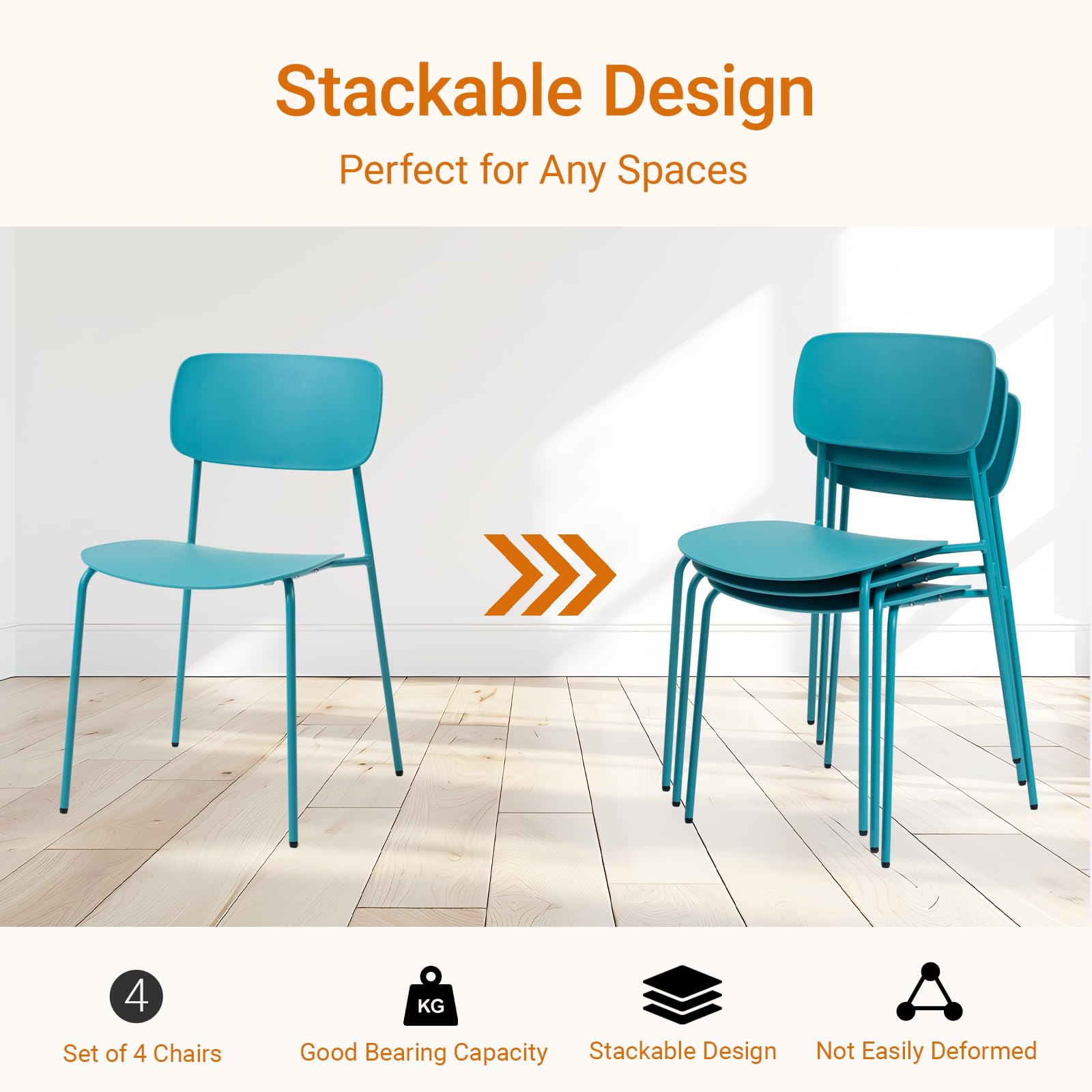 Armless Stacking Chairs Set of 4, Office Waiting Room Chairs with Metal Legs and Ergonomic Plastic Seat, Metal Chairs Set of 4 for Conference Reception Dining Room, Blue