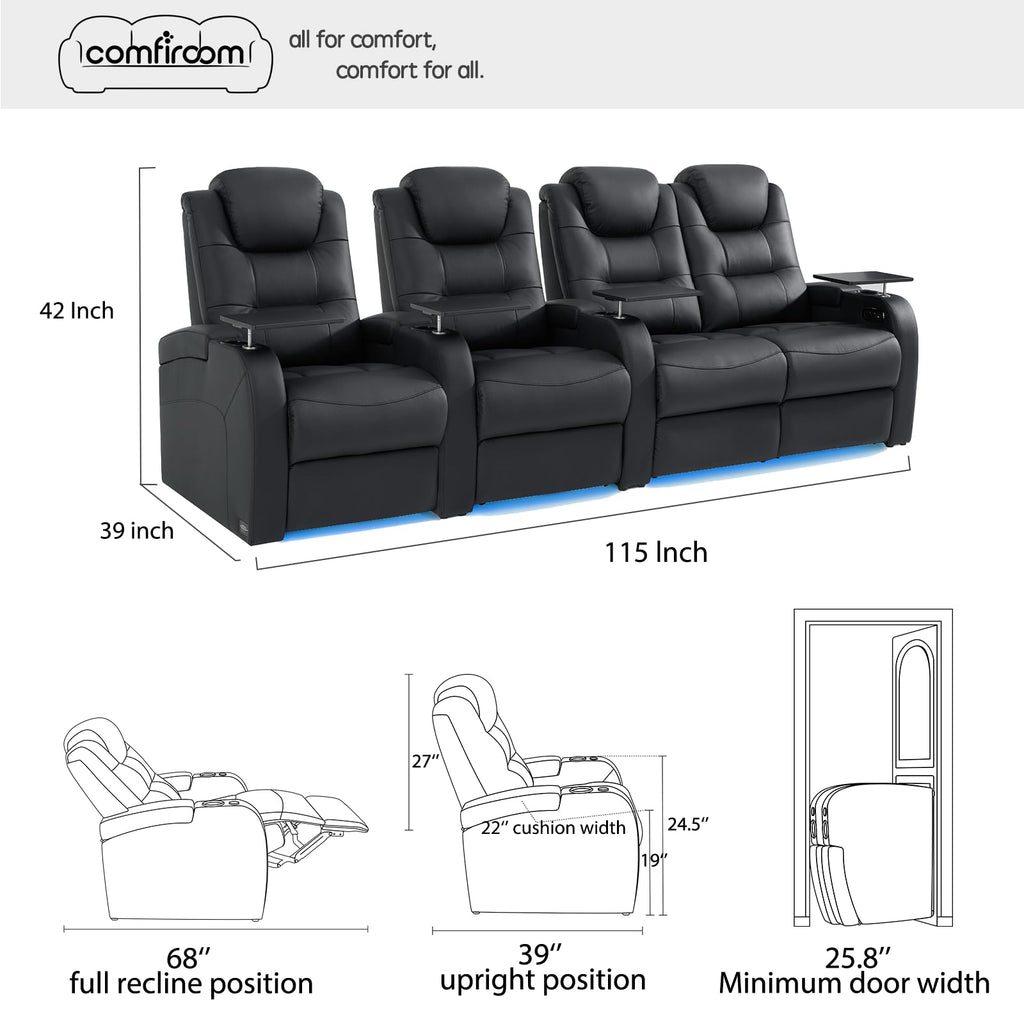 Home Theater Seating Simple Style Top Grain Leather Loveseat Recliner Chair Dual Power Movie Theater Chairs Gaming Sofa Electric Headrest with Tray Table (Black, Row of 4 Loveseat Right)