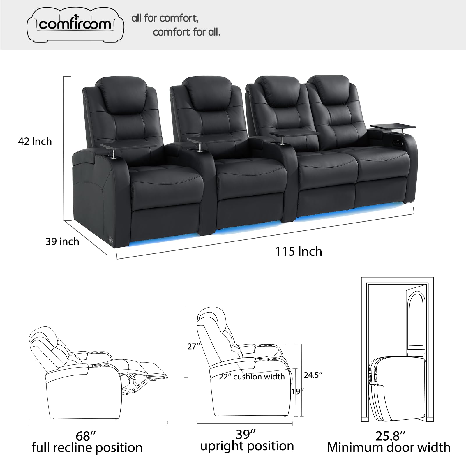 Home Theater Seating Simple Style Top Grain Leather Loveseat Recliner Chair Dual Power Movie Theater Chairs Gaming Sofa Electric Headrest with Tray Table (Black, Row of 4 Loveseat Right)