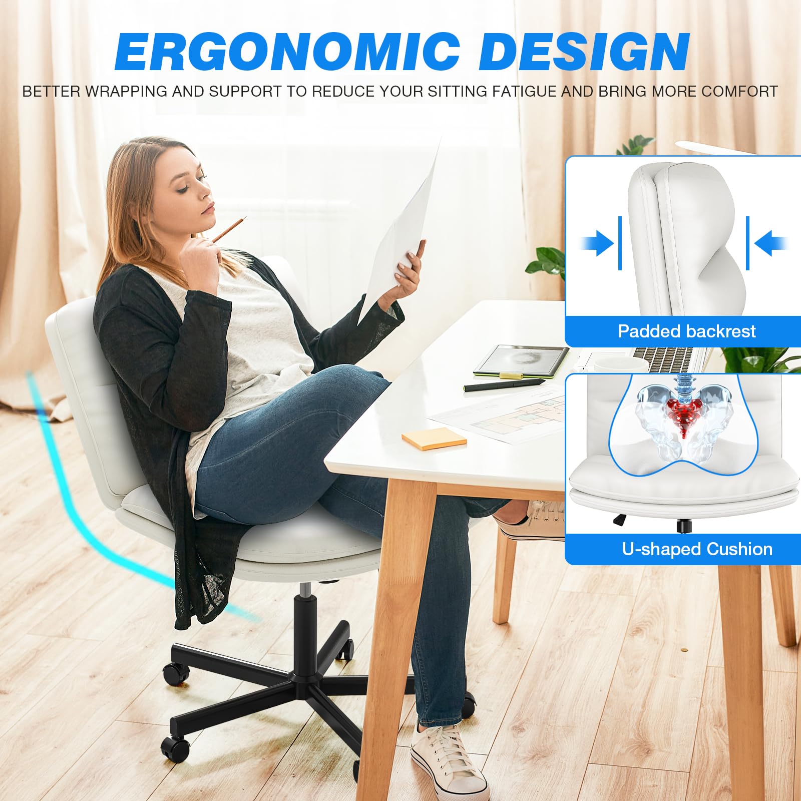 Ergonomic Armless Criss Cross Chair with Height Adjustable and Swivel, Wide & Thickened Cushion Cross Legged Vanity Chair, Comfortable PU Leather Desk Chair for Computer Task and Make Up, White