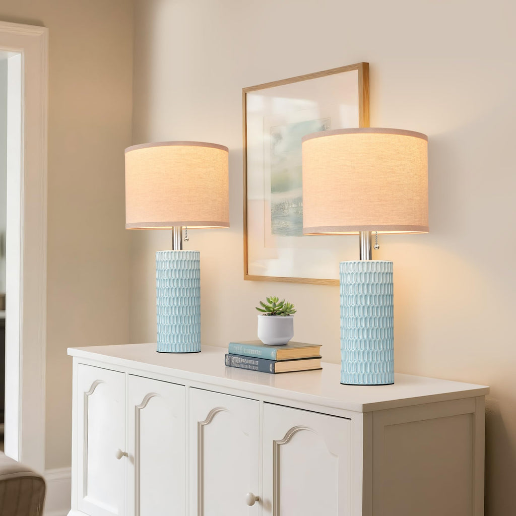 20.5" Modern Ceramic Table Lamps for Bedroom Set of 2, Bedside Lamps for Night Stands with Beige Lampshade, Farmhouse Table Lamp for Living Room Office Dorm, Sky Blue