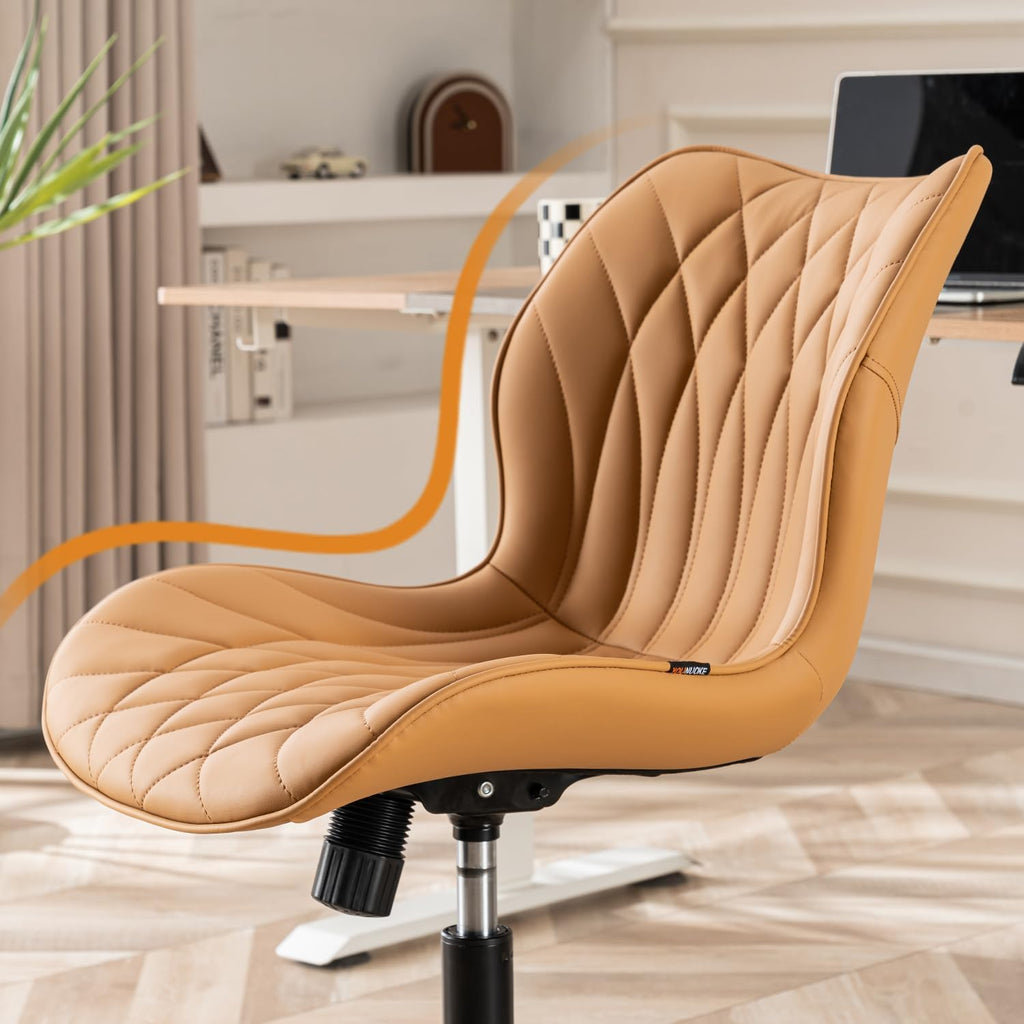 Armless Desk Chair Comfy Office Chair with Wheels Home Ergonomic Task Chair Adjustable Computer Chairs Modern Faux Leather Swivel Chair Upholstered Makeup Vanity Chair with Back(Camel)