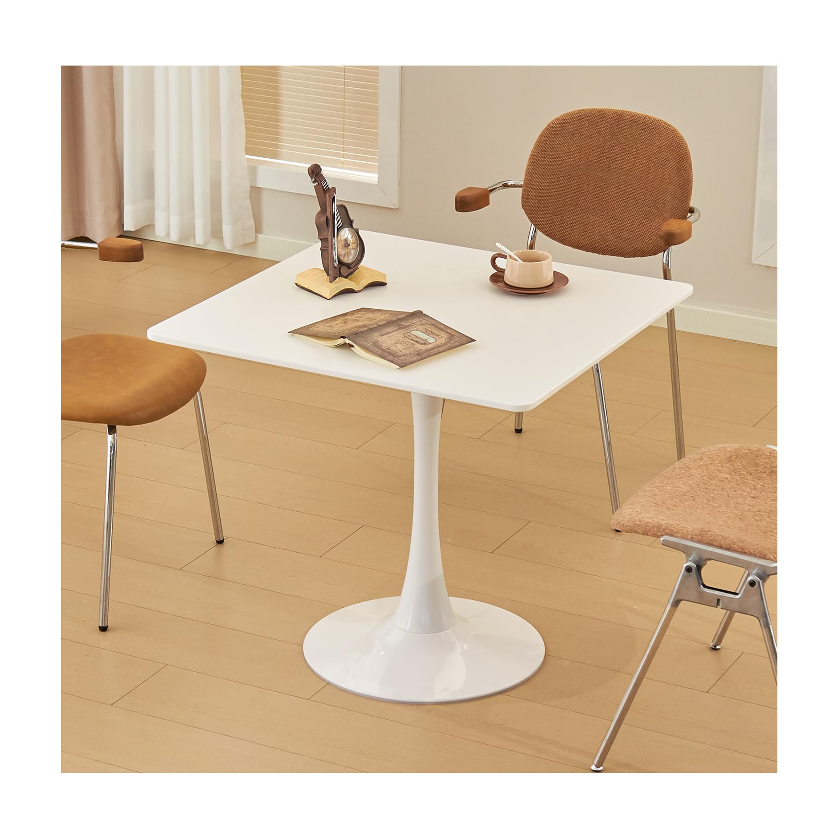 Hansweld Square Dining Table, 31.5" Tulip Table with Thickened Tabletop & Metal Pedestal, Mid Century Modern Bistro Table for Kitchen, Small Places, Living Room, Cafe (White)