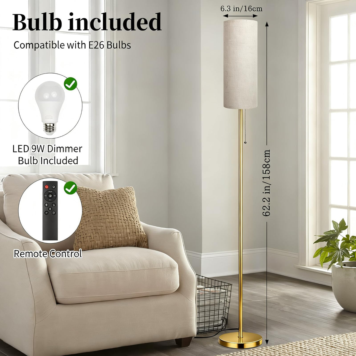 Floor Lamps for Living Room with RGB Color Changing Bulb Dimmable Color Brightness Standing Lamp with Remote Tall Lamps with Chain Switch for Bedroom Office 9W LED Bulb Included, Gold Body RGB Bulb