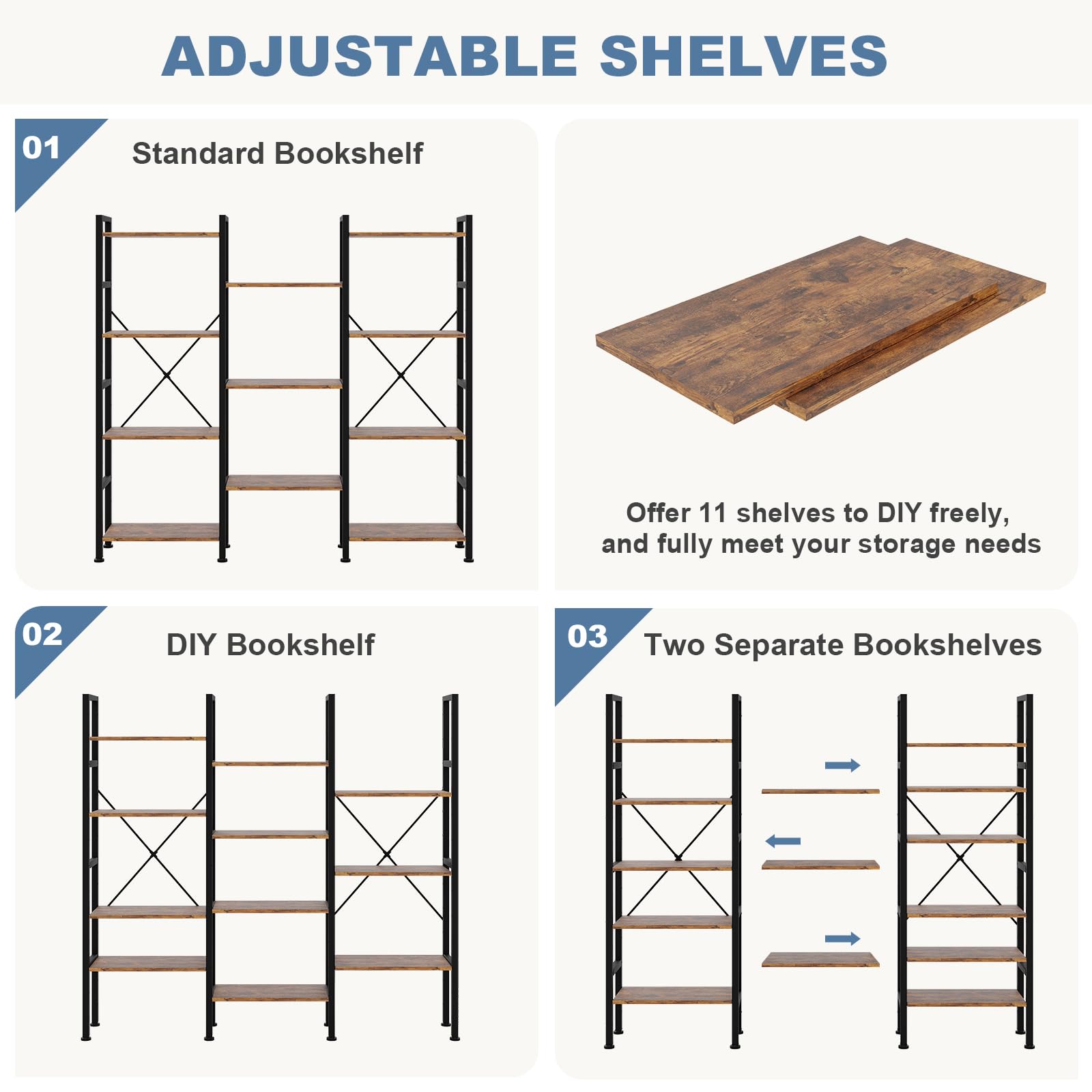 Triple Column 4 Tier Bookshelf, Wide Industrial Bookcase, Brown