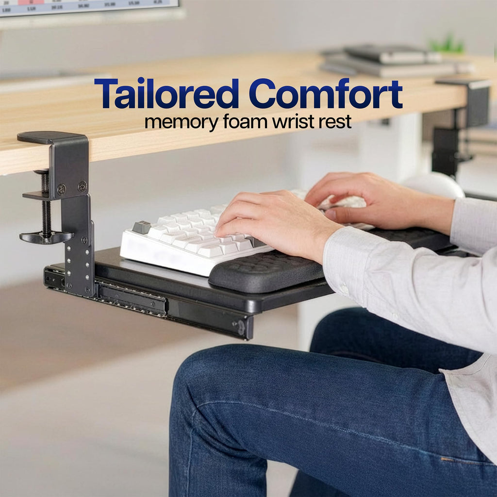 Large Height and Width Adjustable Under Desk Keyboard Tray, C-clamp Mount System, 22.5” to 30” (28.5” to 36” Including Clamps) x 11 inch Slide-Out Platform for Typing, Black