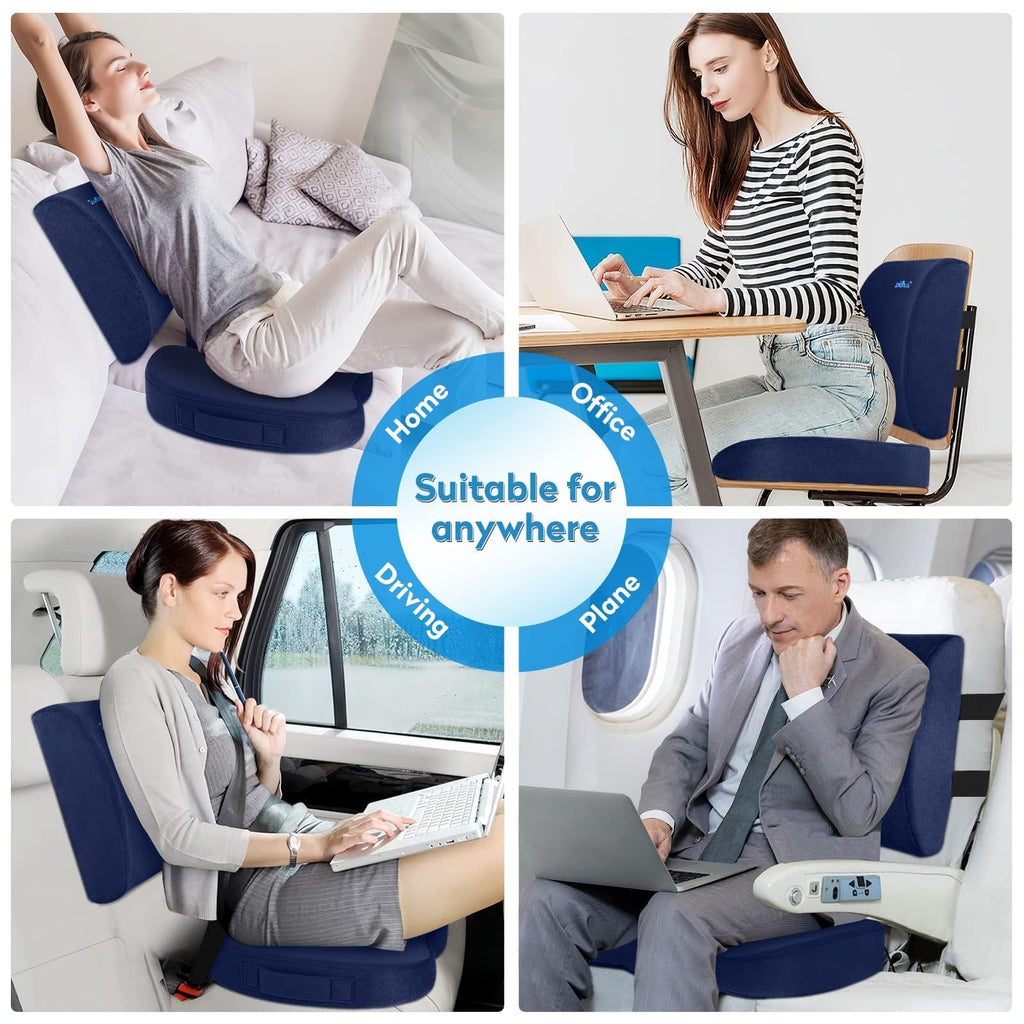 Lumbar Support Pillow & Seat Cushion Set for Office Chair, Desk Chair, Wheelchair & Car–Memory Foam Back Support,Ergonomic Chair Cushions, Sciatica Pain Relief,Home Essentials(Blue,XL)