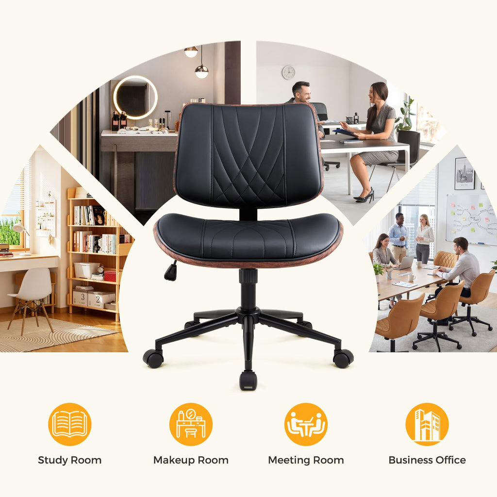 Office Chair Swivel Desk Chair with Wheel Small Computer Chair Armless Task Chair Modern Walnut PU Leather Backrest Rocking Function Adjustable Height, Study Reading Meeting Room (Black)