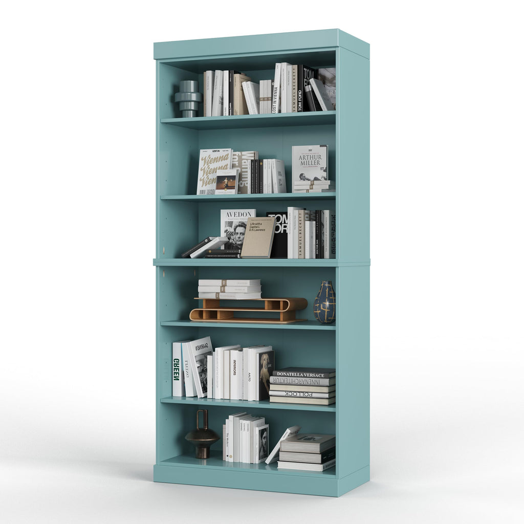 Solid Wood Bookcase - Stackable Modular 6-Tier Bookshelf - 71.5" Tall x 32" Wide - Aqua, Open Display Shelf for Living Room, Office, Renewable 100% Eco-Friendly Wood, Made in Brazil