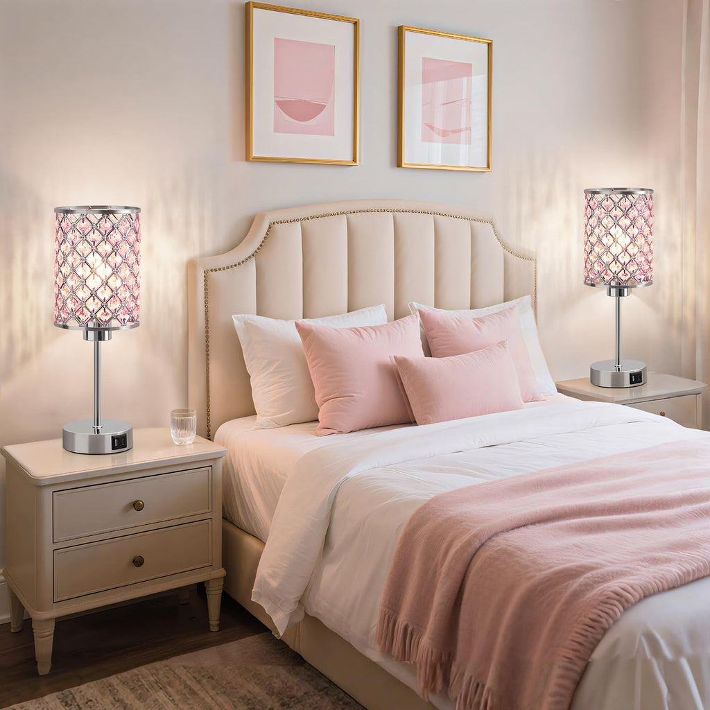 Crystal Table Lamp, Pink Touch Lamp with USB C+A Port, 3-Way Dimmable