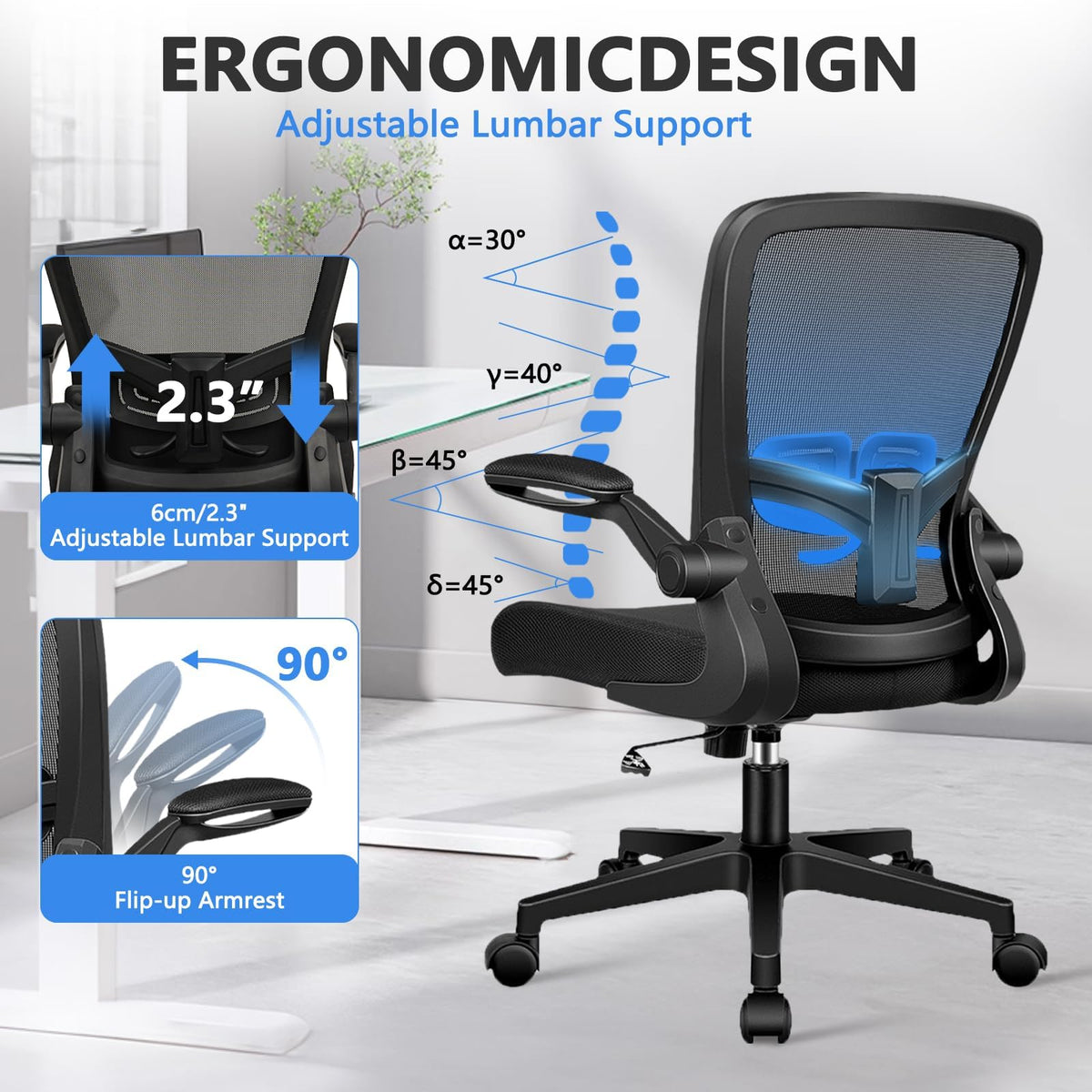 Desk Chairs with Wheels, Ergonomic Mesh Office Chair Adjustable Height and Swivel Lumbar Support Home Office Chair with Flip Up Armrests, Set of 14