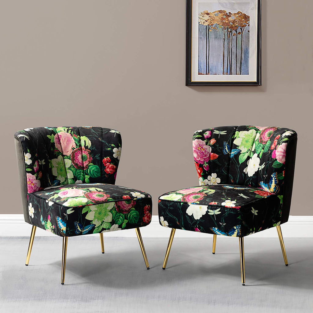 Armless Accent Chair Set of 2 with Gold Metal Legs, Comfy Floral Fabric Living Room Chair Wingback Small Side Chair, Upholstered Slipper Chair for Bedroom, Reading Room (Flower, Black)