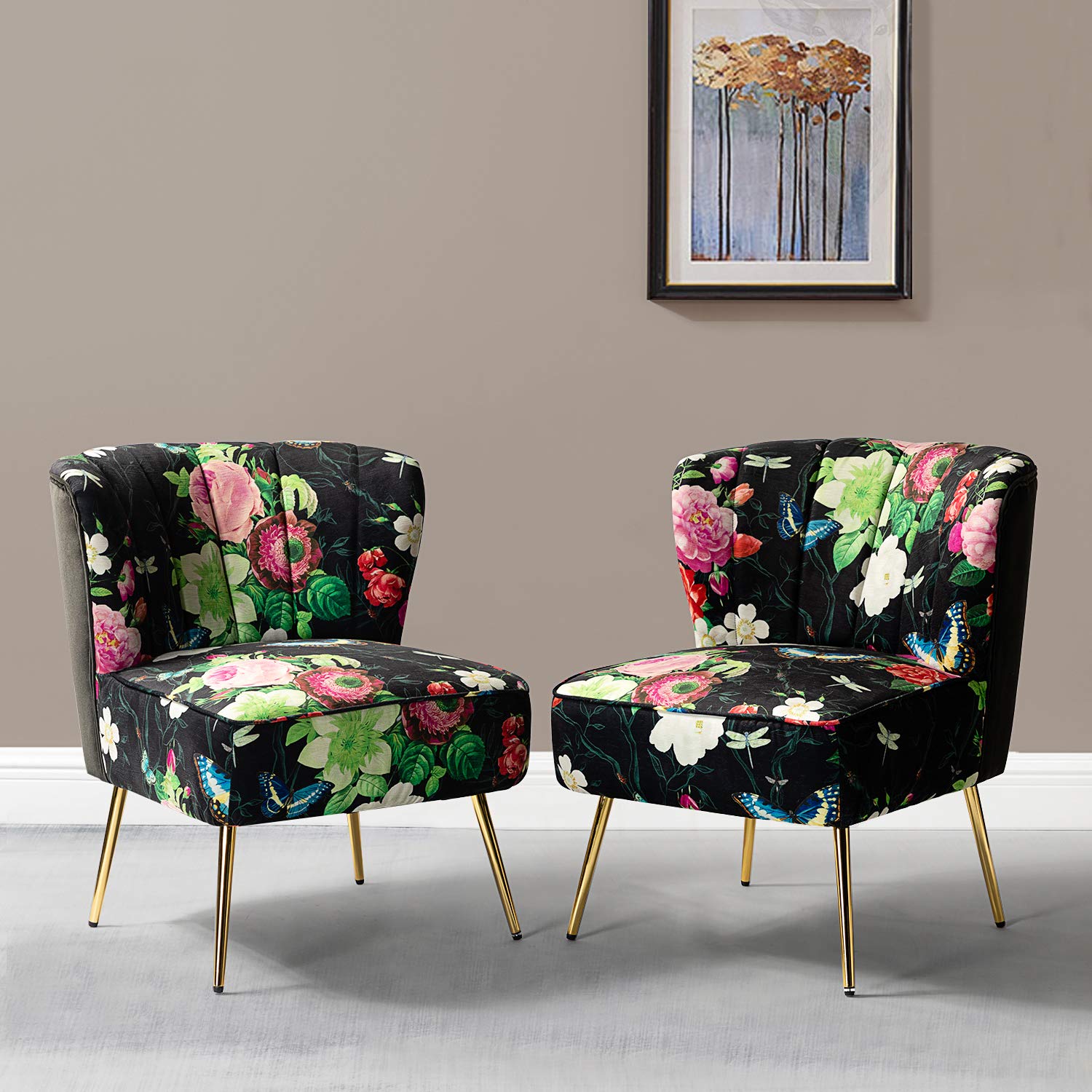 Armless Accent Chair Set of 2 with Gold Metal Legs, Comfy Floral Fabric Living Room Chair Wingback Small Side Chair, Upholstered Slipper Chair for Bedroom, Reading Room (Flower, Black)