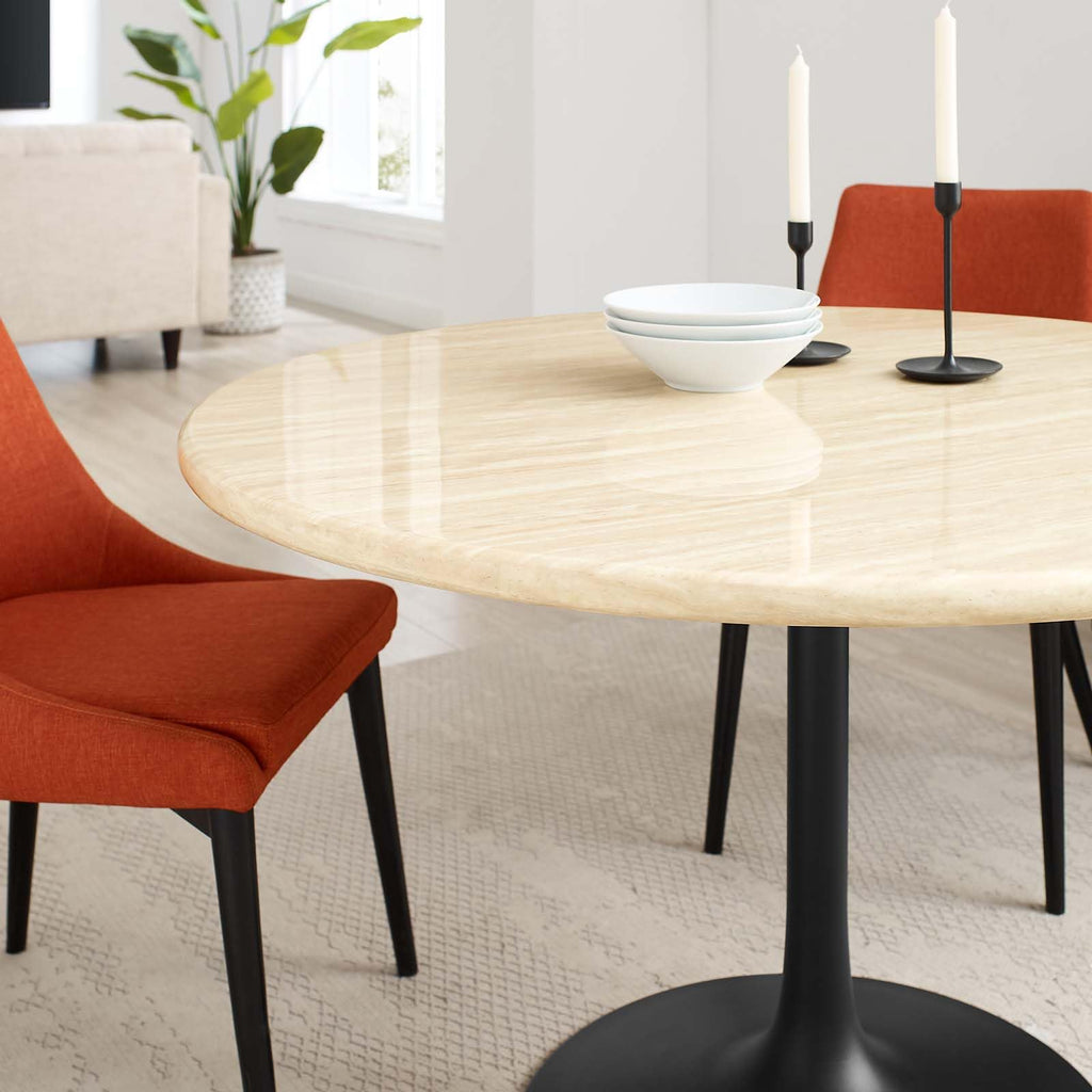 Modway Lippa 48" Round Artificial Dining Table with Tapered, Metal Base, Black Travertine