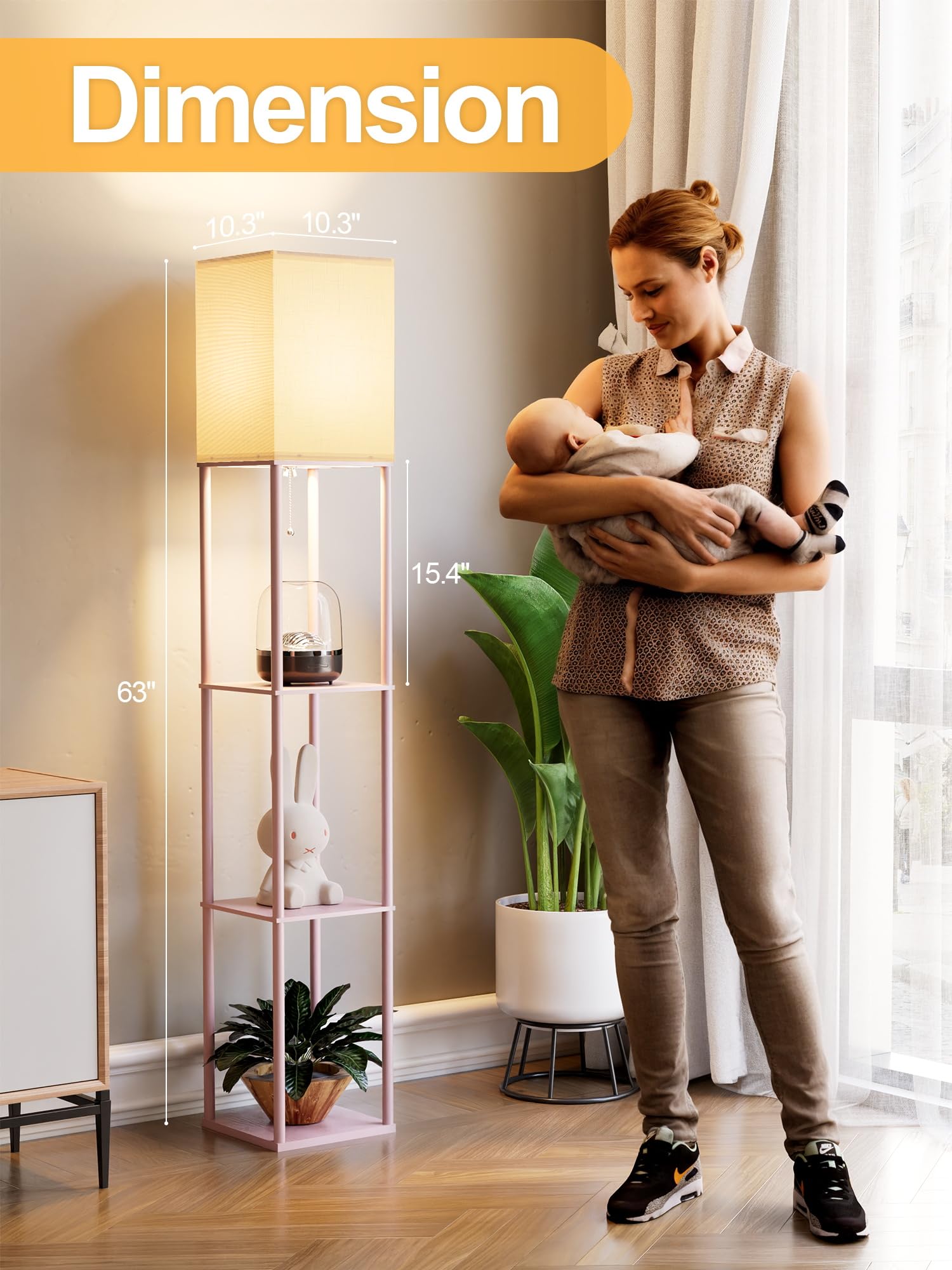 Pink Floor Lamp with Shelves for Living Room, Shelf Floor Lamp with 3 CCT LED Bulb, Corner Display Standing Column Lamp Etagere Organizer Tower Nightstand with White Linen Shade for Bedroom, Office