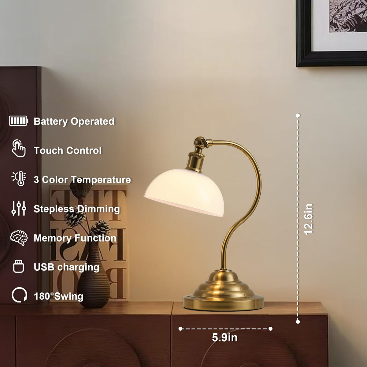 Cordless Table Lamp, Battery Operated Vintage Desk Light, Brass & White