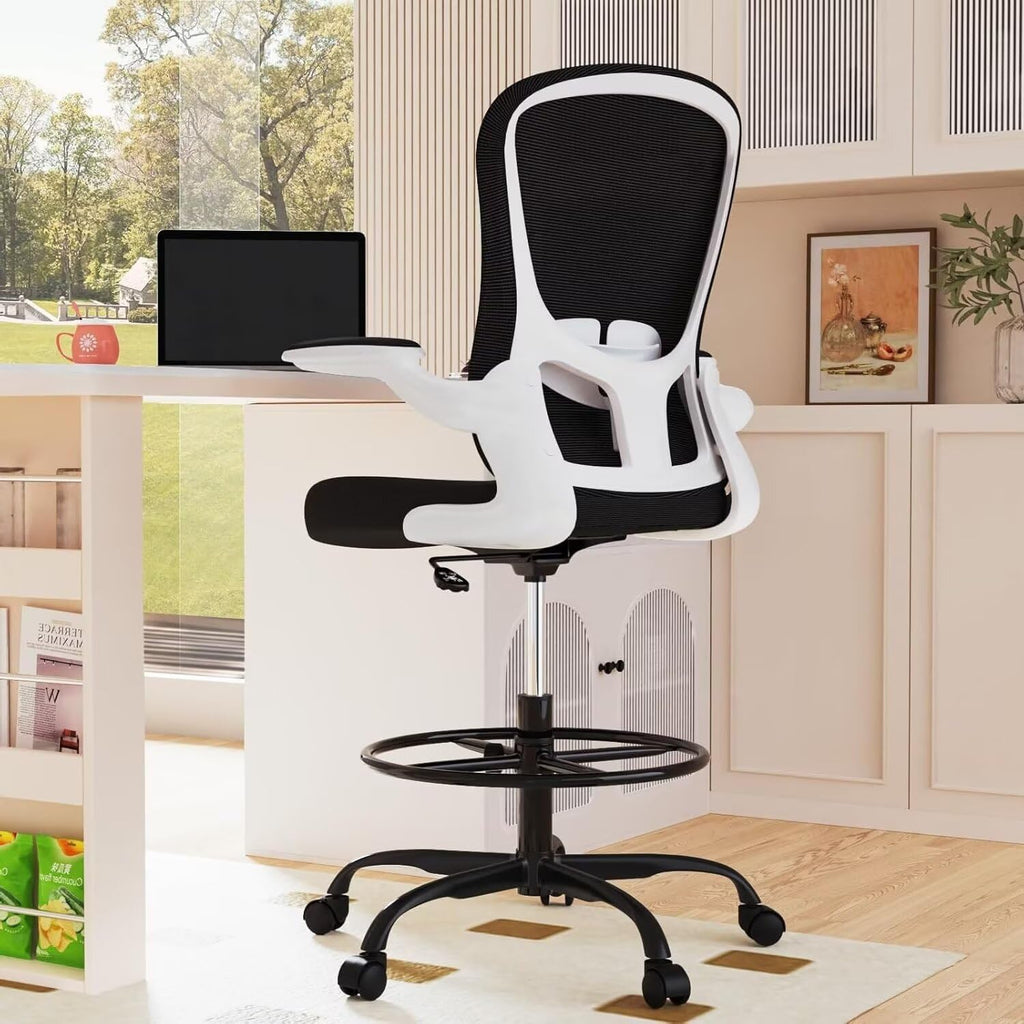Drafting Chair for Standing Desk Executive Ergonomic Computer Chair, Tall Office Chair with Flip-Up Armrests, Adjustable Footrest Ring, Lumbar Support, Height Adjustable Swivel Task Chair (White)