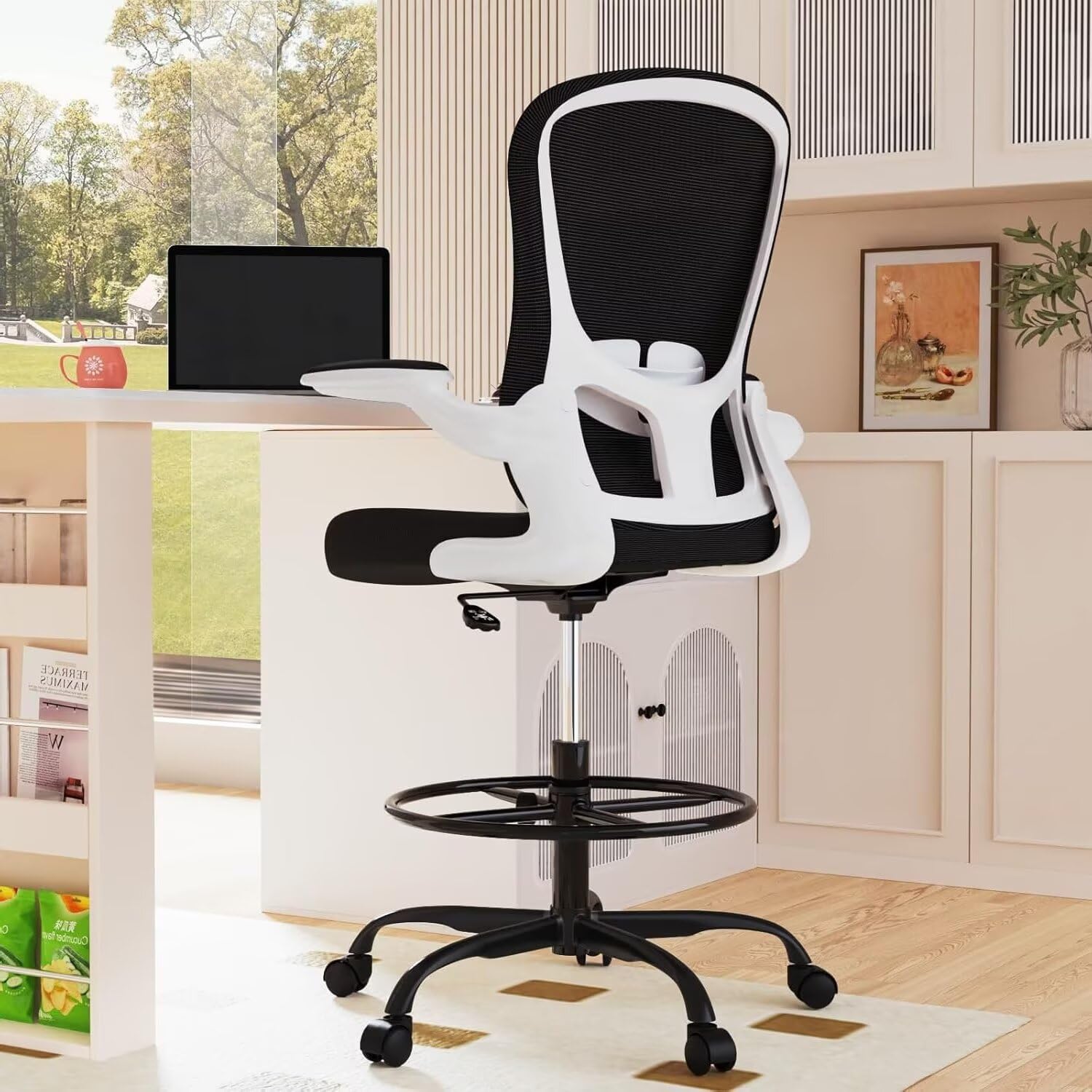 Drafting Chair for Standing Desk Executive Ergonomic Computer Chair, Tall Office Chair with Flip-Up Armrests, Adjustable Footrest Ring, Lumbar Support, Height Adjustable Swivel Task Chair (White)