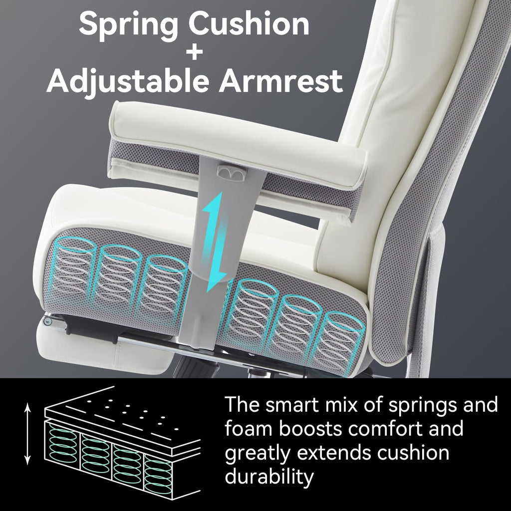 Big and Tall Office Chair with Footrest, 450lbs High Back Executive Chair with Spring Cushion, PU Leather Upholstery, Padded Armrests, Swivel Base, and Rolling Wheels – White Computer Chair