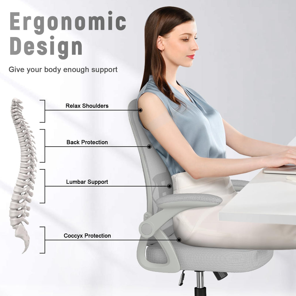 Ergonomic Office Chair, Mid Back Desk Chairs with Adjustable Height, Swivel Chair with Flip-Up Arms and Lumbar Support, Breathable Mesh Computer Chair for Home/Study/Working, Grey